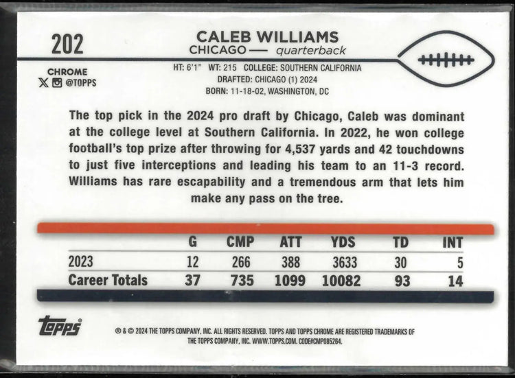 2024 Topps Chrome Rookie Caleb Williams Magenta Speckle /399 RC 