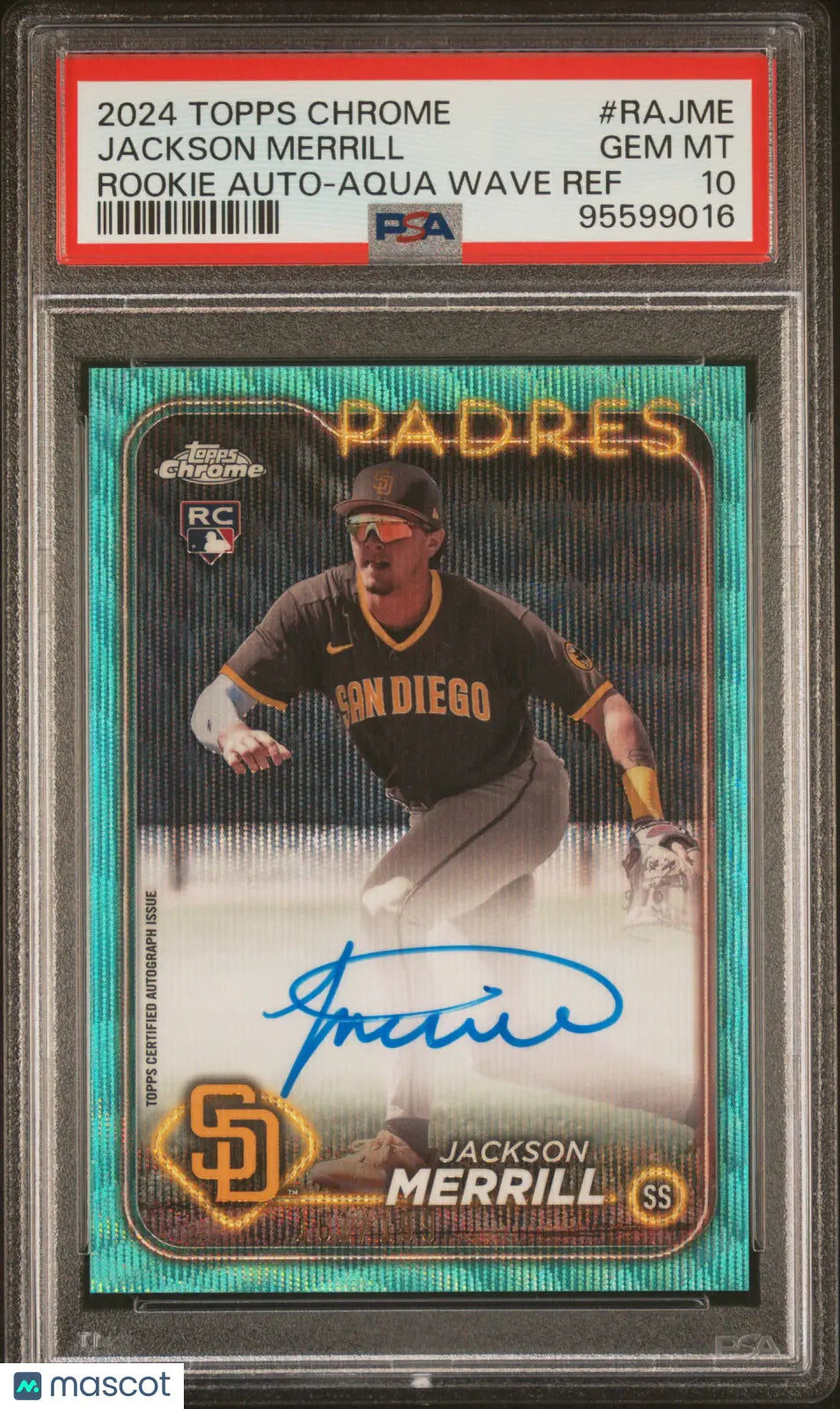2024 Topps Chrome Rookie RC Jackson Merrill Auto Aqua Wave RC /199 PSA 10 