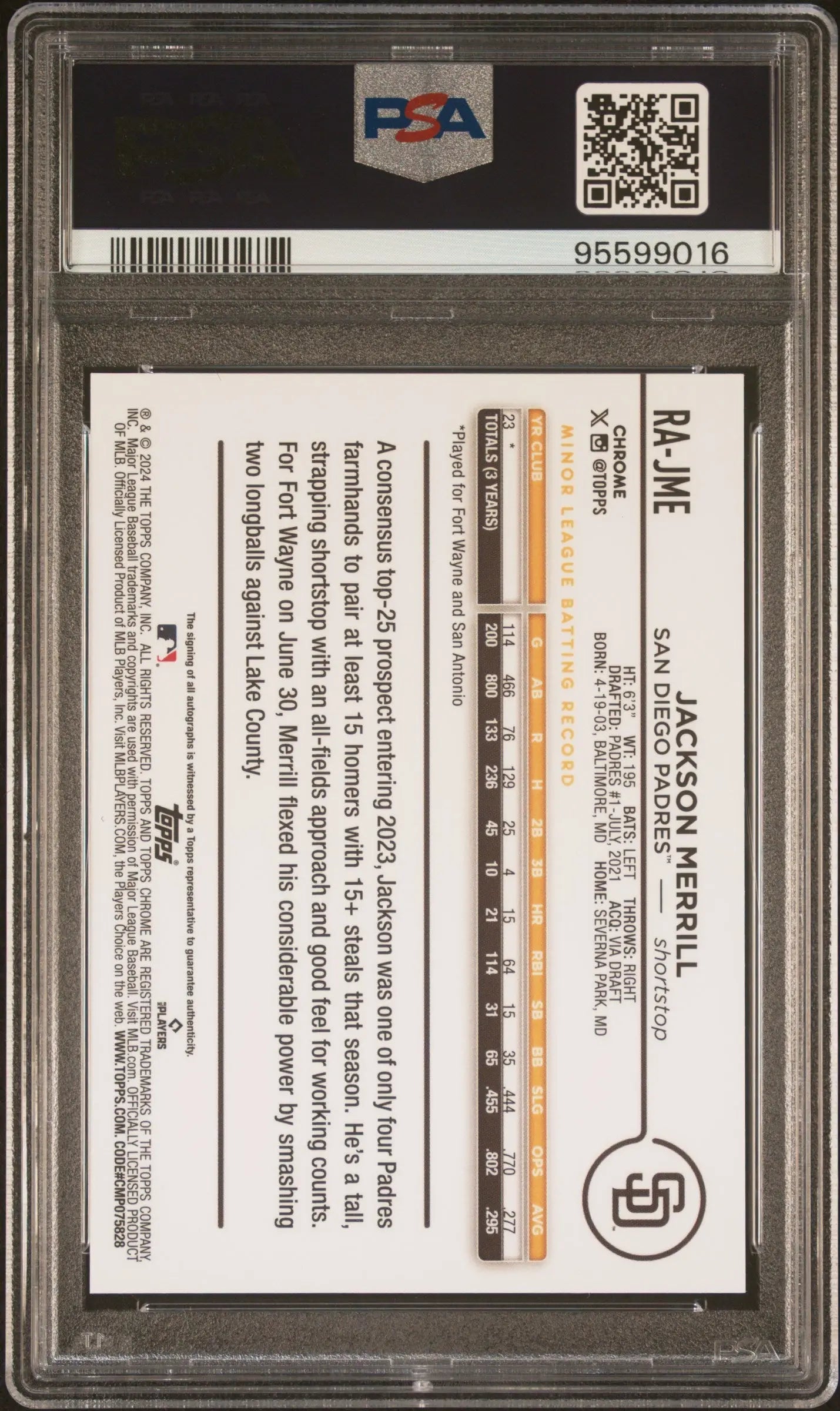 2024 Topps Chrome Rookie RC Jackson Merrill Auto Aqua Wave RC /199 PSA 10 