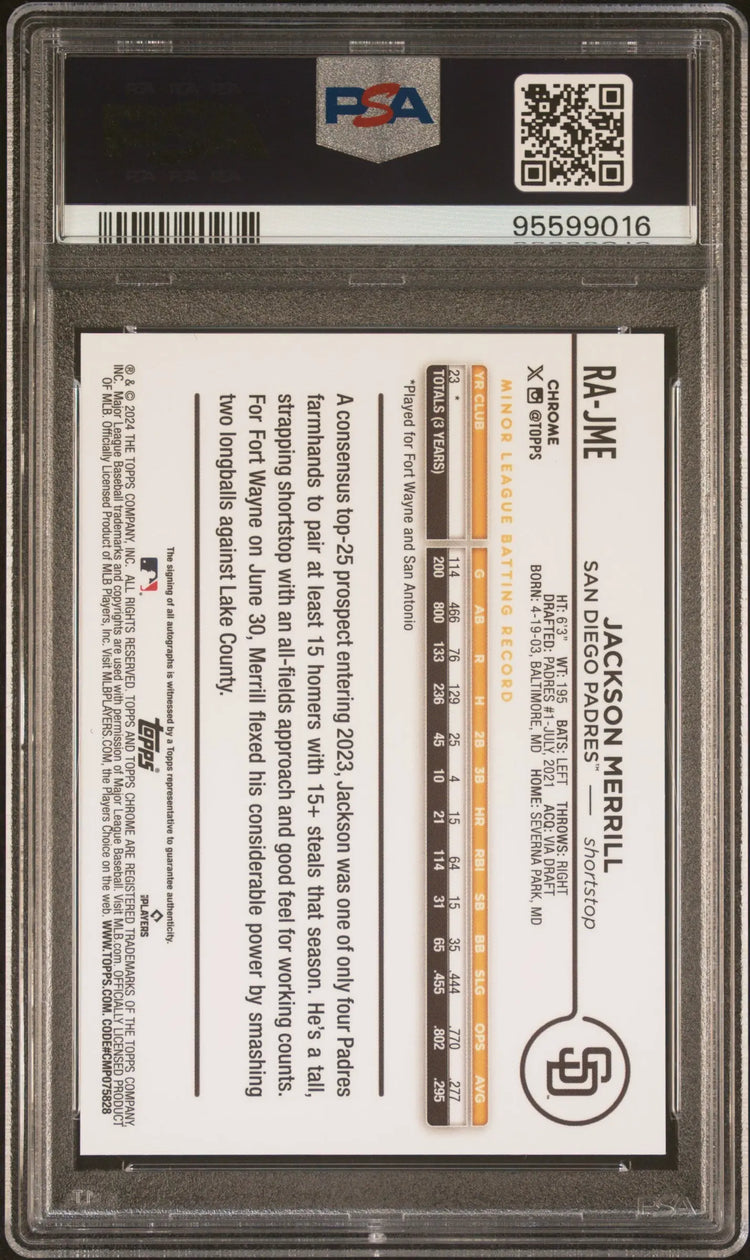 2024 Topps Chrome Rookie RC Jackson Merrill Auto Aqua Wave RC /199 PSA 10 