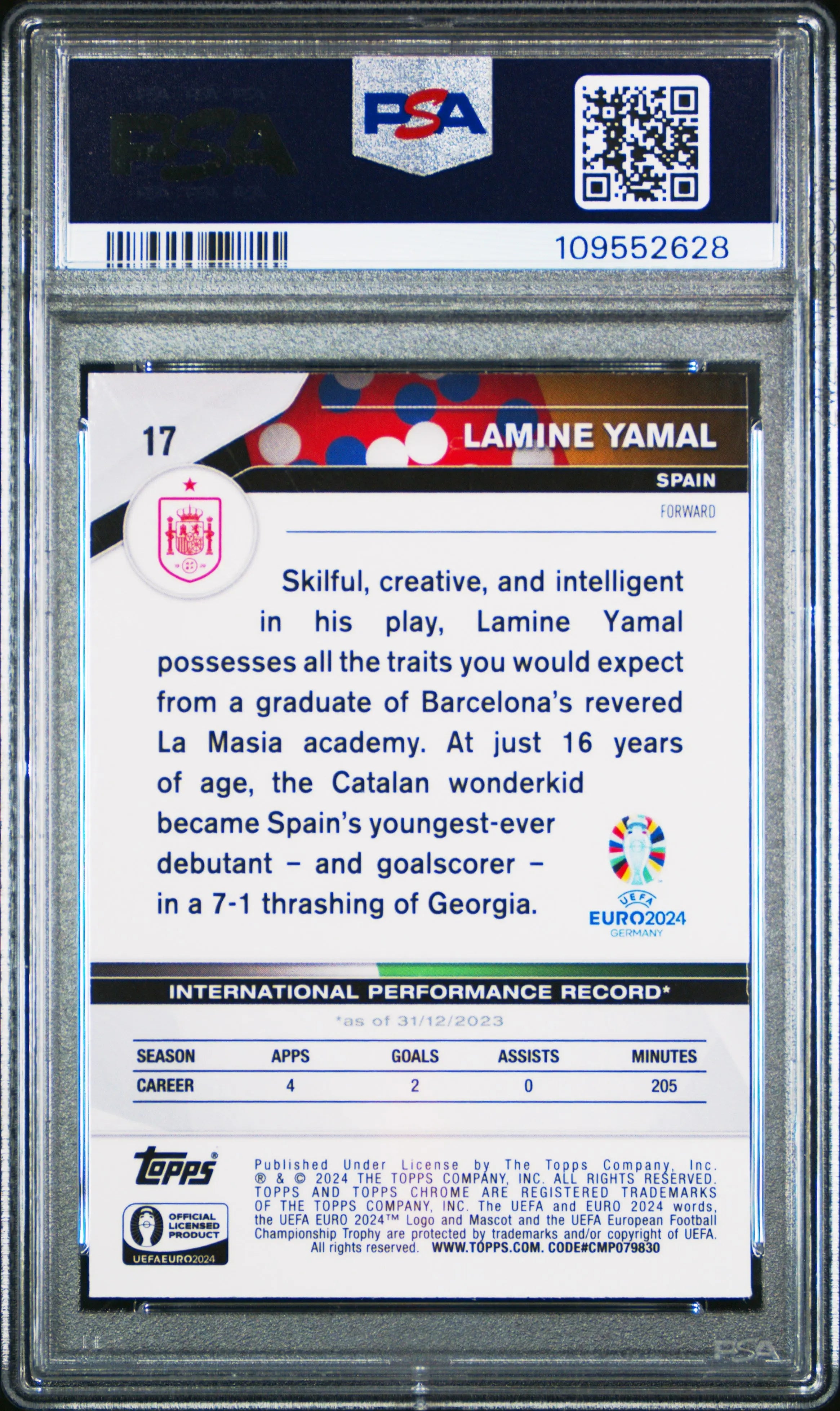 2024 Topps Chrome Sapphire UEFA Euro Lamine Yamal #17 PSA 10 