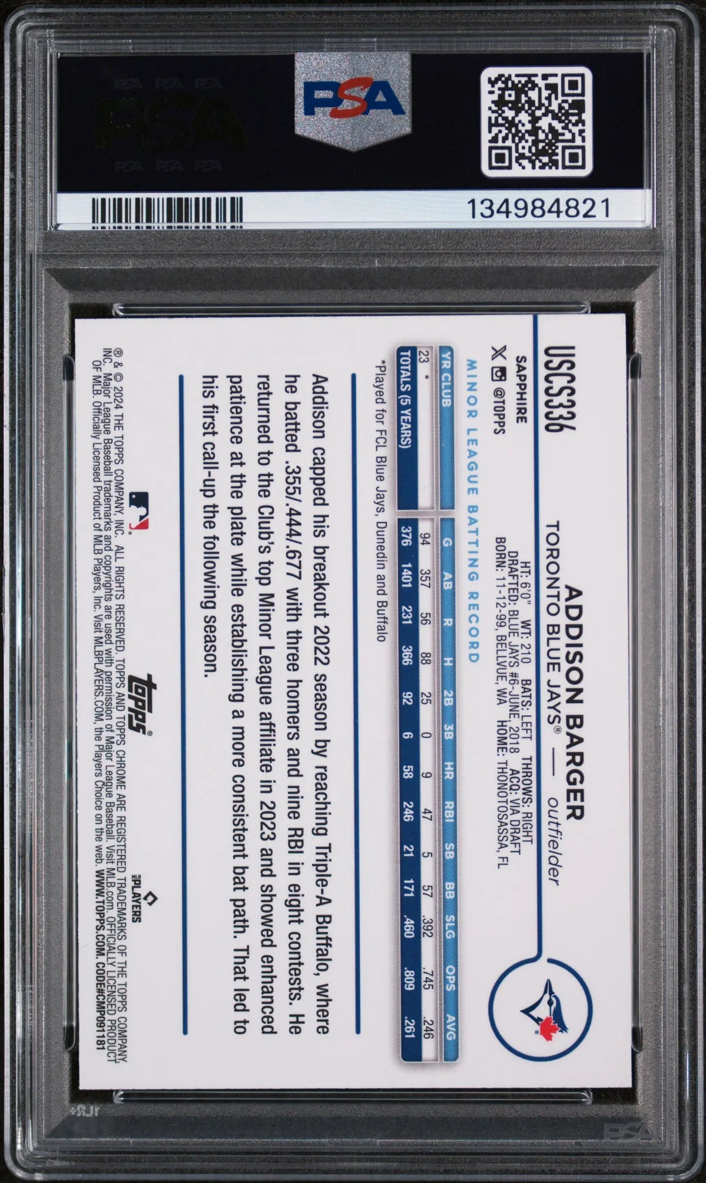 2024 Topps Chrome Sapphire Update Series Rookie Addison Barger #336 PSA 10 POP 1 