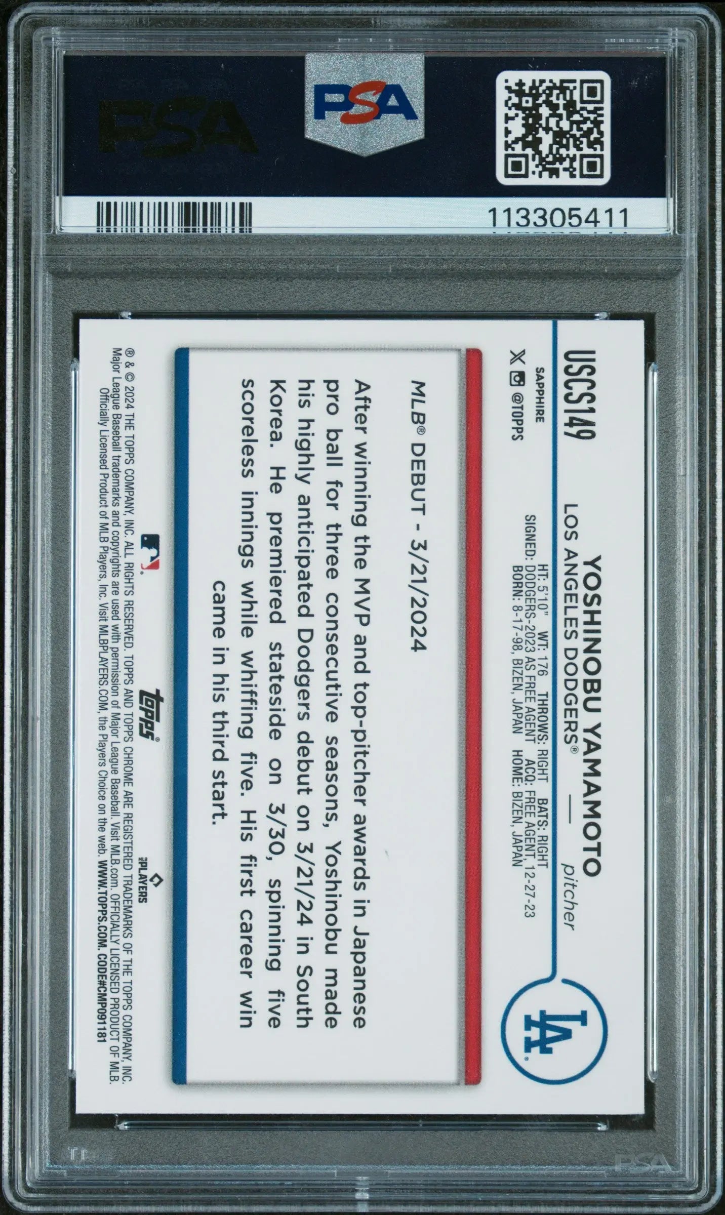 2024 Topps Chrome Sapphire Update Series Yoshinobu Yamamoto RC Rookie PSA 10 