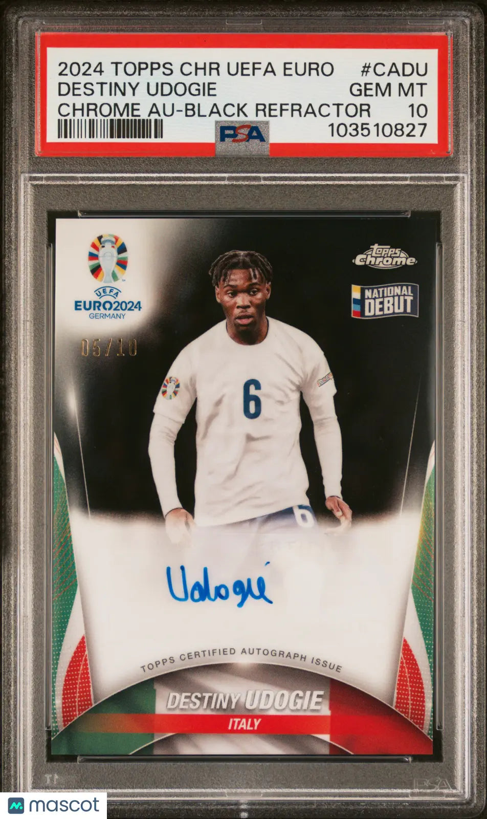 2024 Topps Chrome UEFA Euro Auto Destiny Udogie Black Refractor /10 PSA 10 