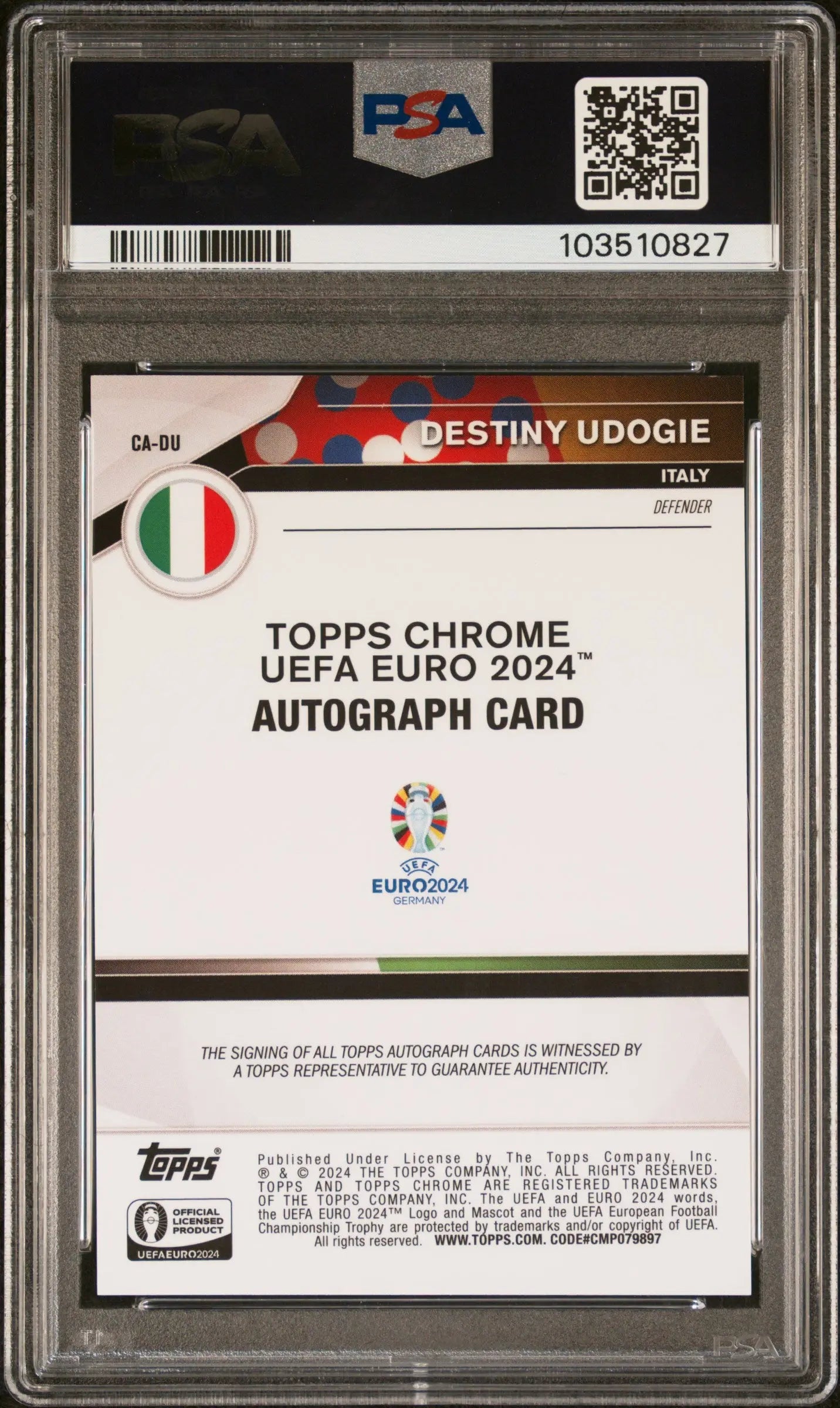 2024 Topps Chrome UEFA Euro Auto Destiny Udogie Black Refractor /10 PSA 10 
