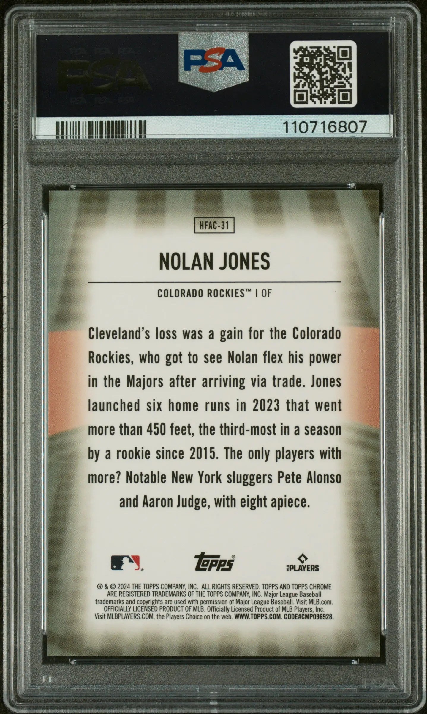 2024 Topps Chrome Update Home Field Advantage Nolan Jones PSA 9 
