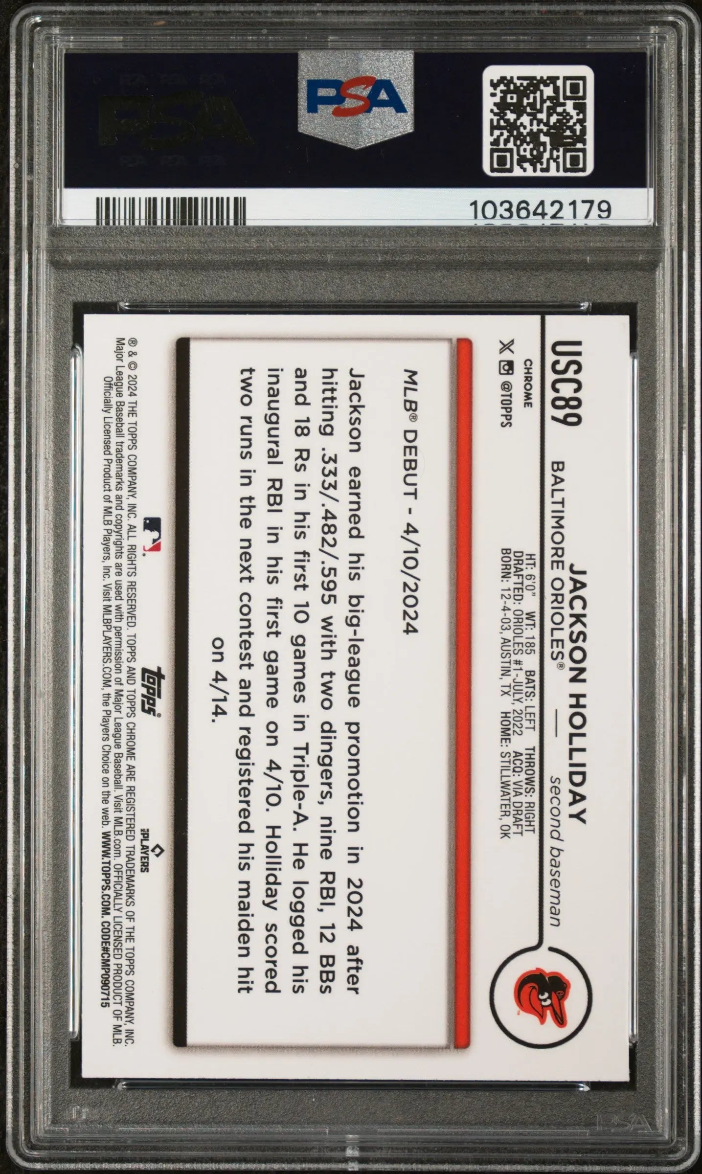 2024 Topps Chrome Update Rookie Jackson Holliday Gold Mini Diamond /50 RC PSA 9 