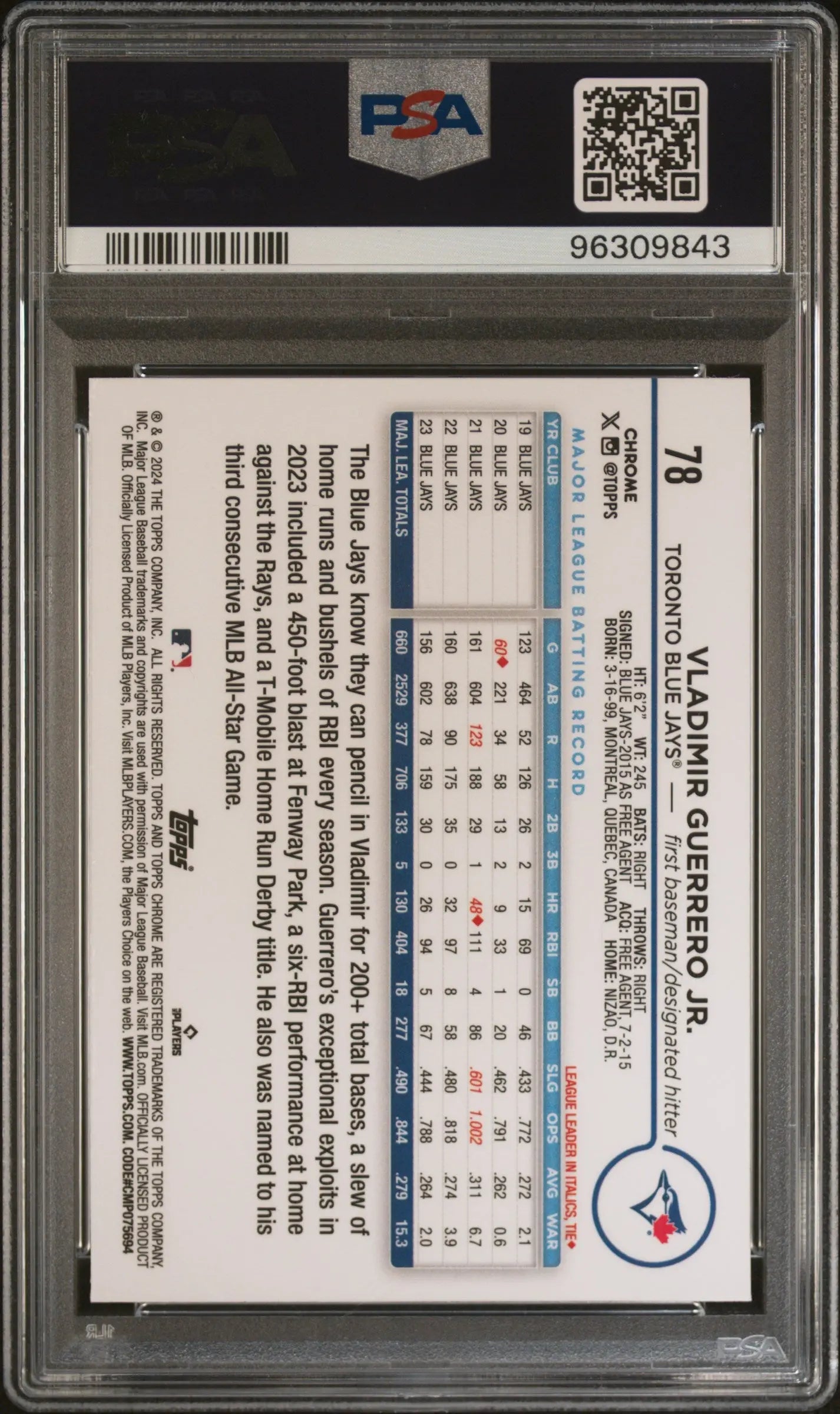 2024 Topps Chrome Vladimir Guerrero JR.  Magenta Speckle Refractor /350 PSA 10 