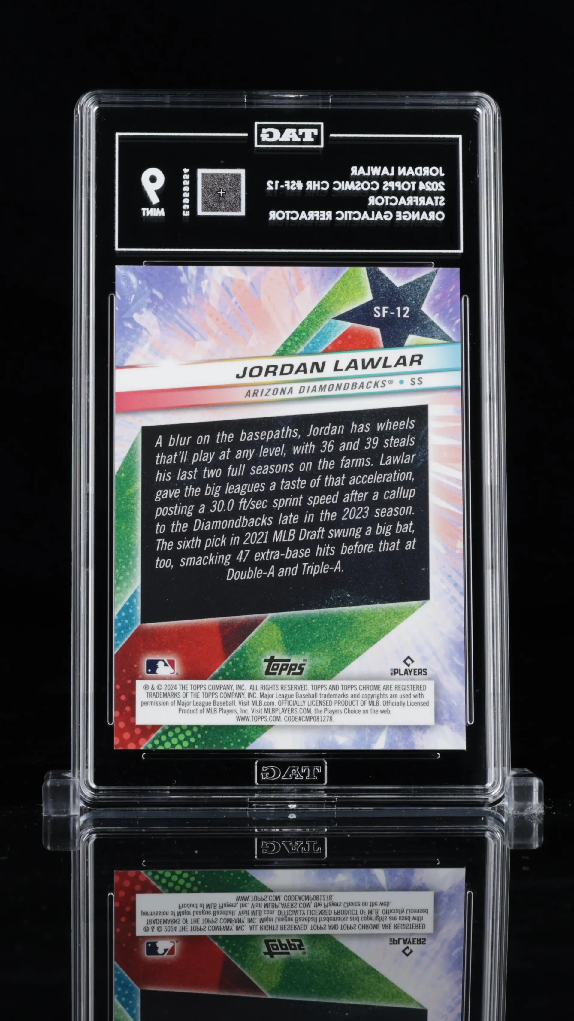 2024 Topps Cosmic Chrome Jordan Lawlar RC Orange Galactic Refractor TAG 9 /25 