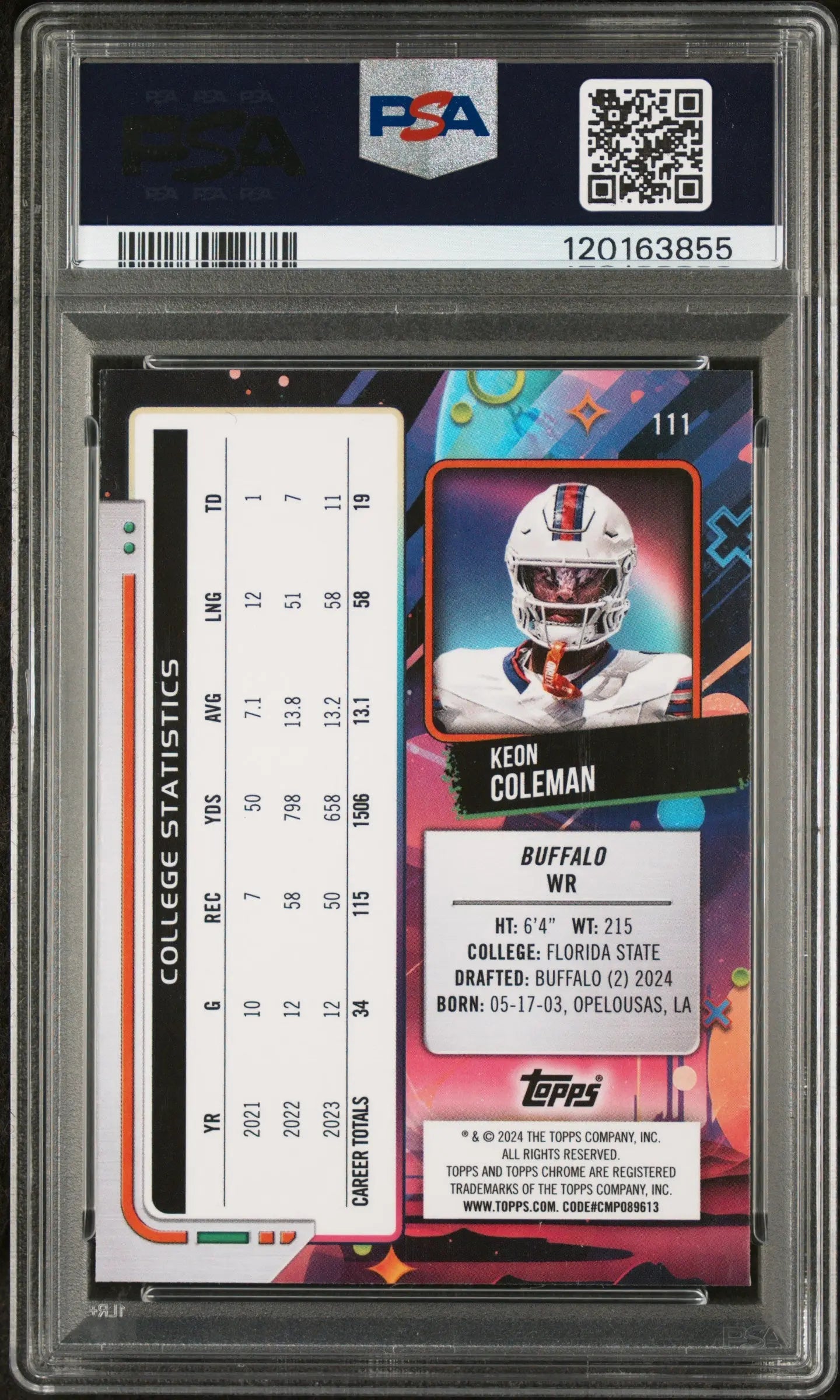 2024 Topps Cosmic Chrome Keon Coleman RC Rookie Blue Moon PSA 10 /99 