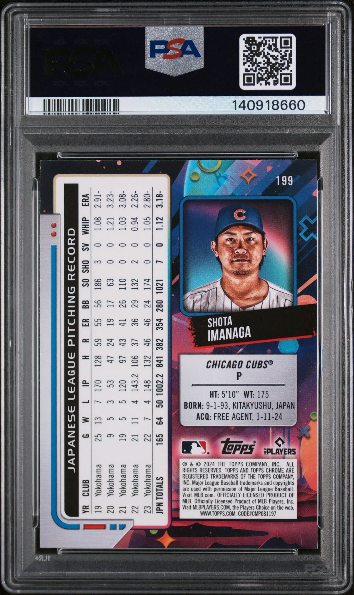 2024 Topps Cosmic Chrome Shota Imanaga #199 Aqua Equinox Refractor PSA 10 