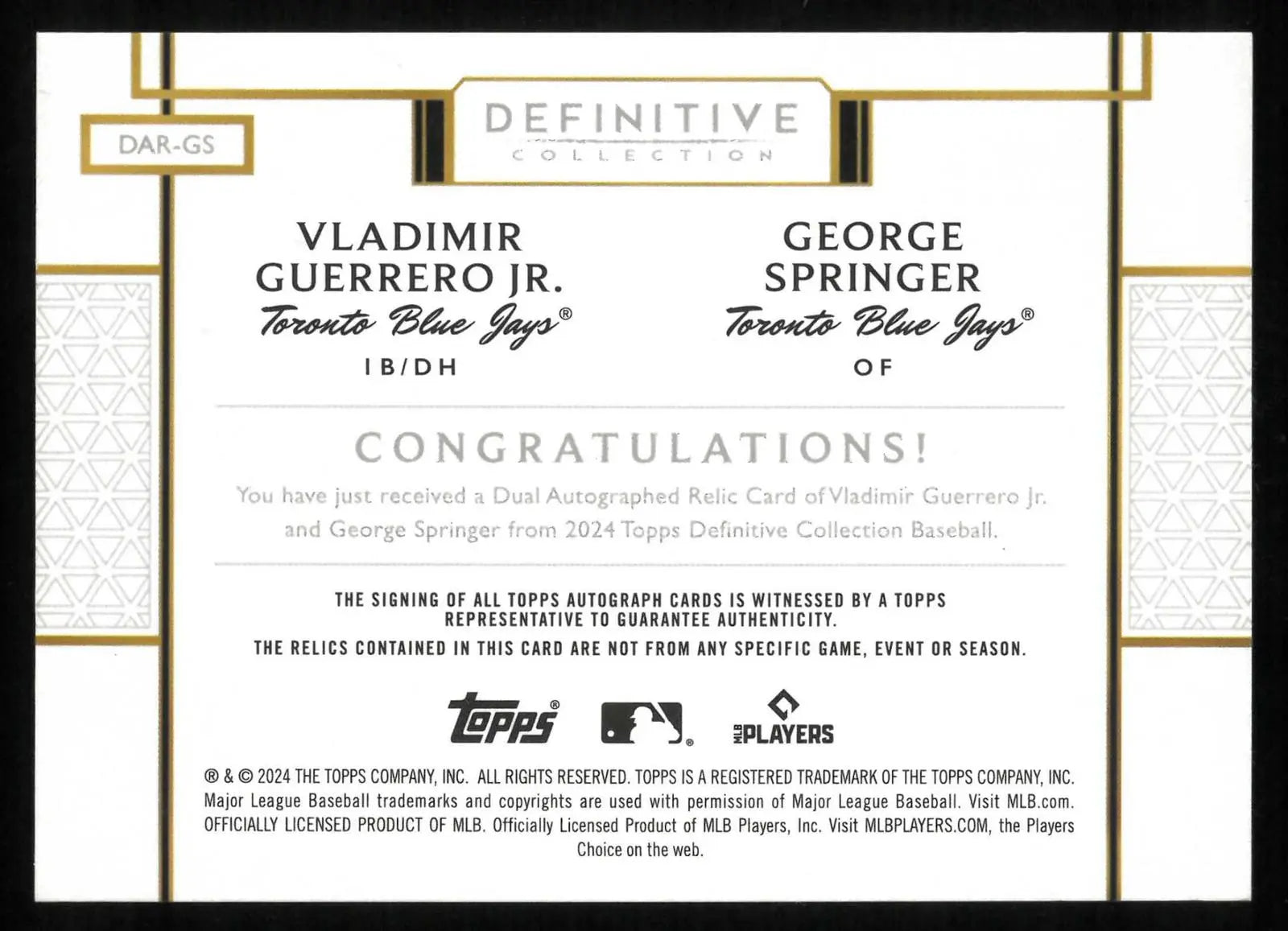 2024 Topps Definitive Autograph Patch George Springer/ Vladimir Guerrero Jr. /10 