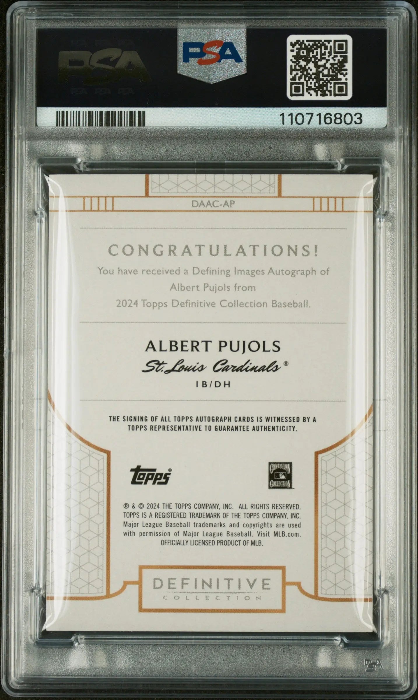 2024 Topps Definitive Baseball Defining Images Auto Albert Pujols PSA 10 /25 