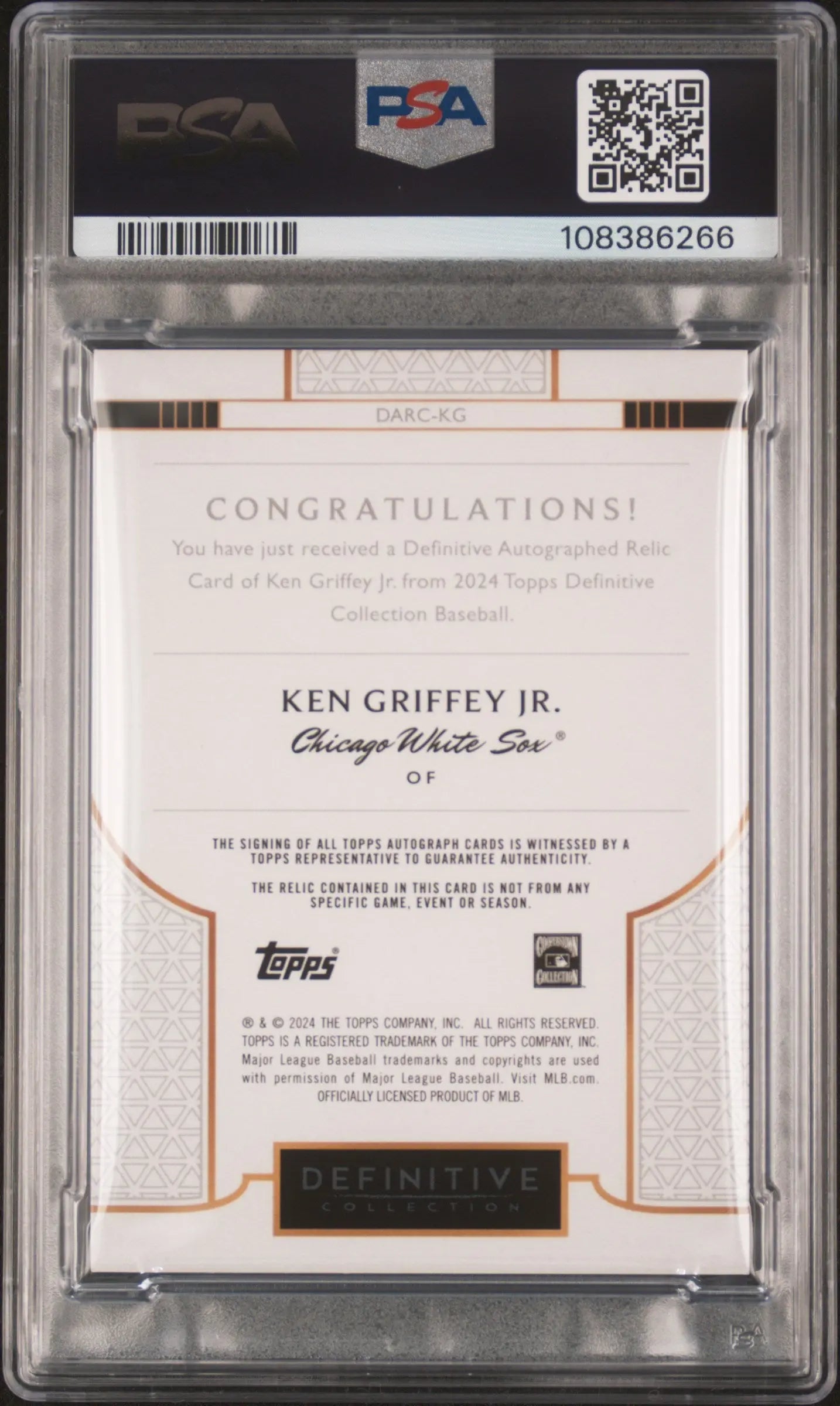 2024 Topps Definitive Collection Autograph Relic Ken Griffey JR. /40 PSA 9 