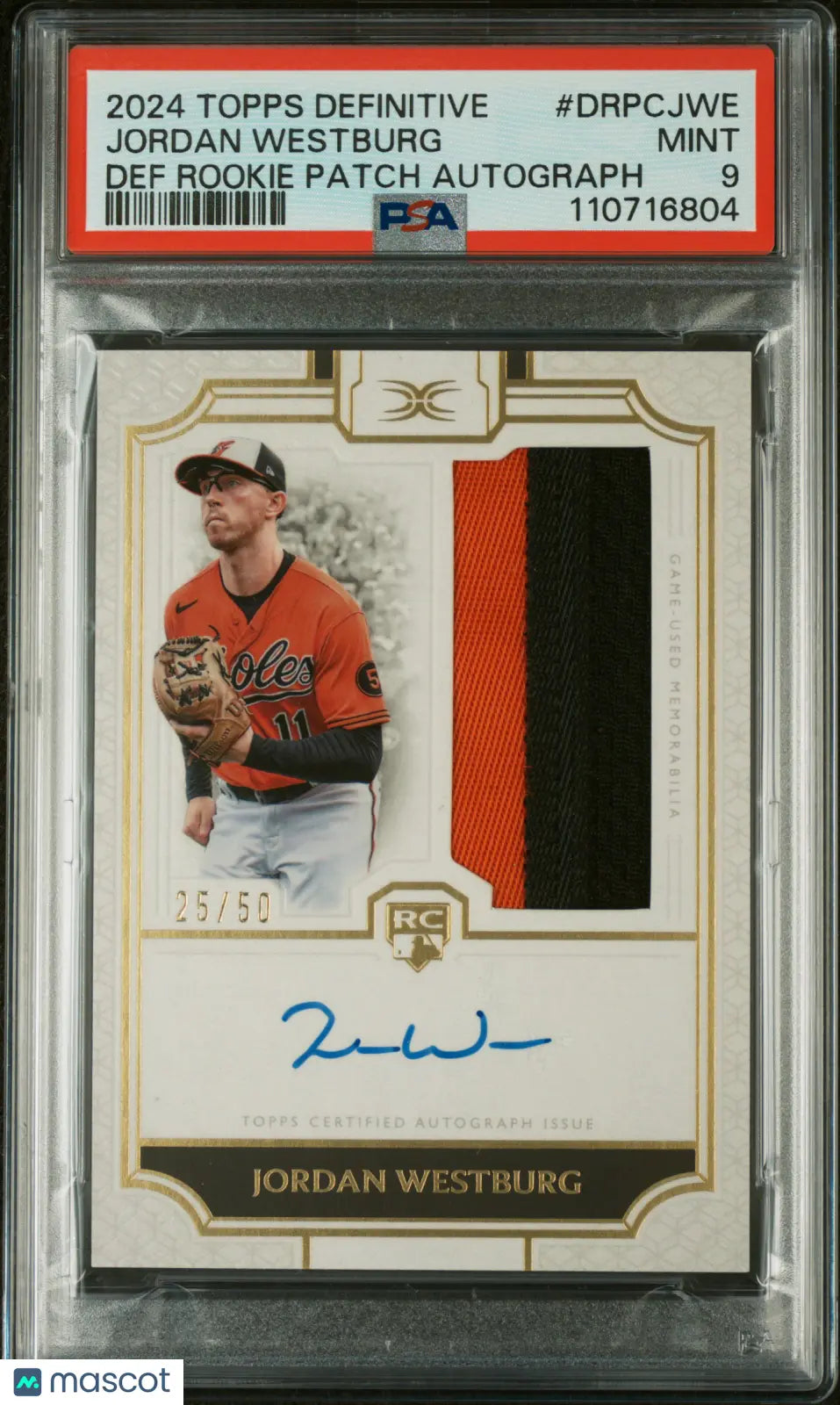 2024 Topps Definitive Collection Rookie Patch Auto Jordan Westburg PSA 9 /50 