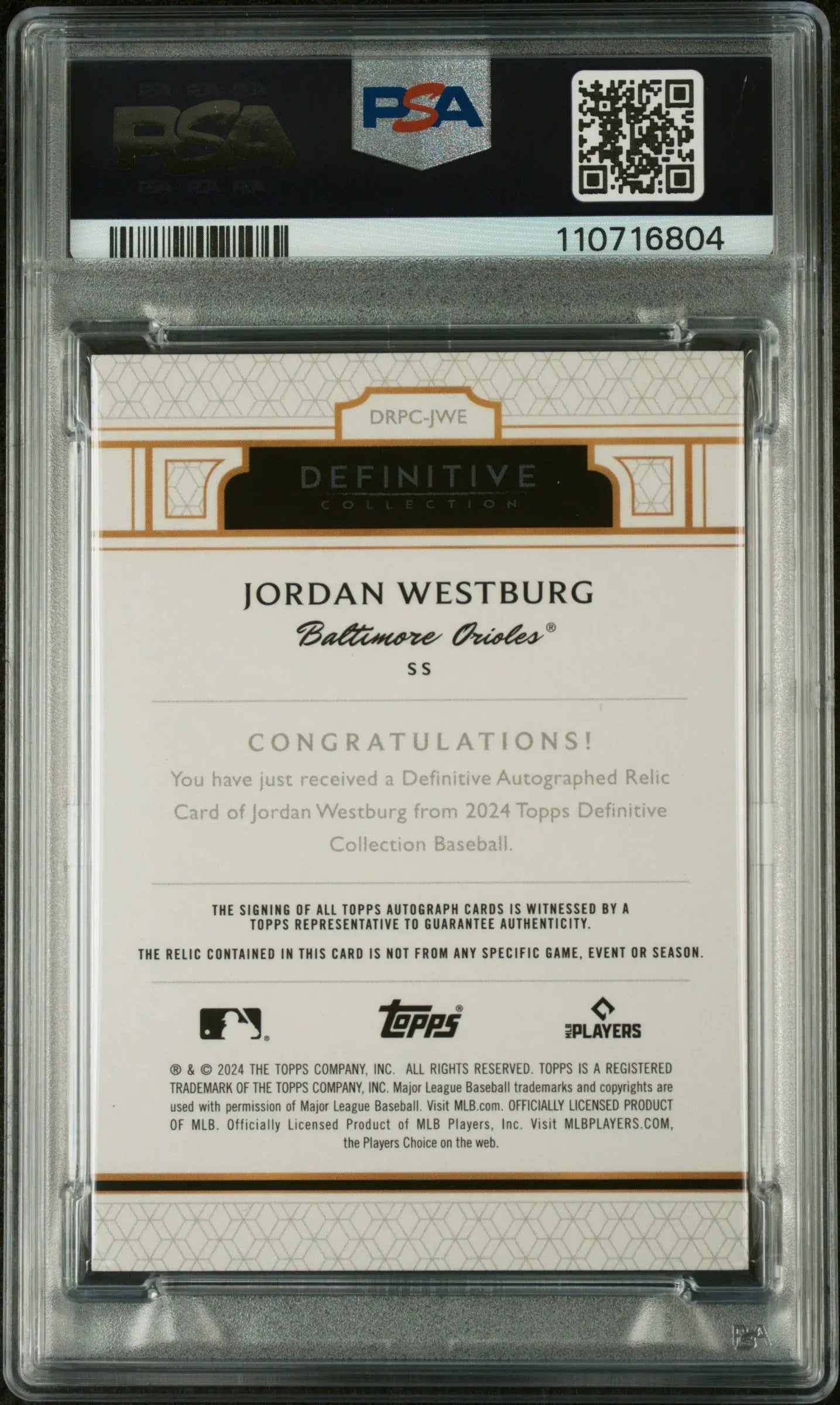 2024 Topps Definitive Collection Rookie Patch Auto Jordan Westburg PSA 9 /50 