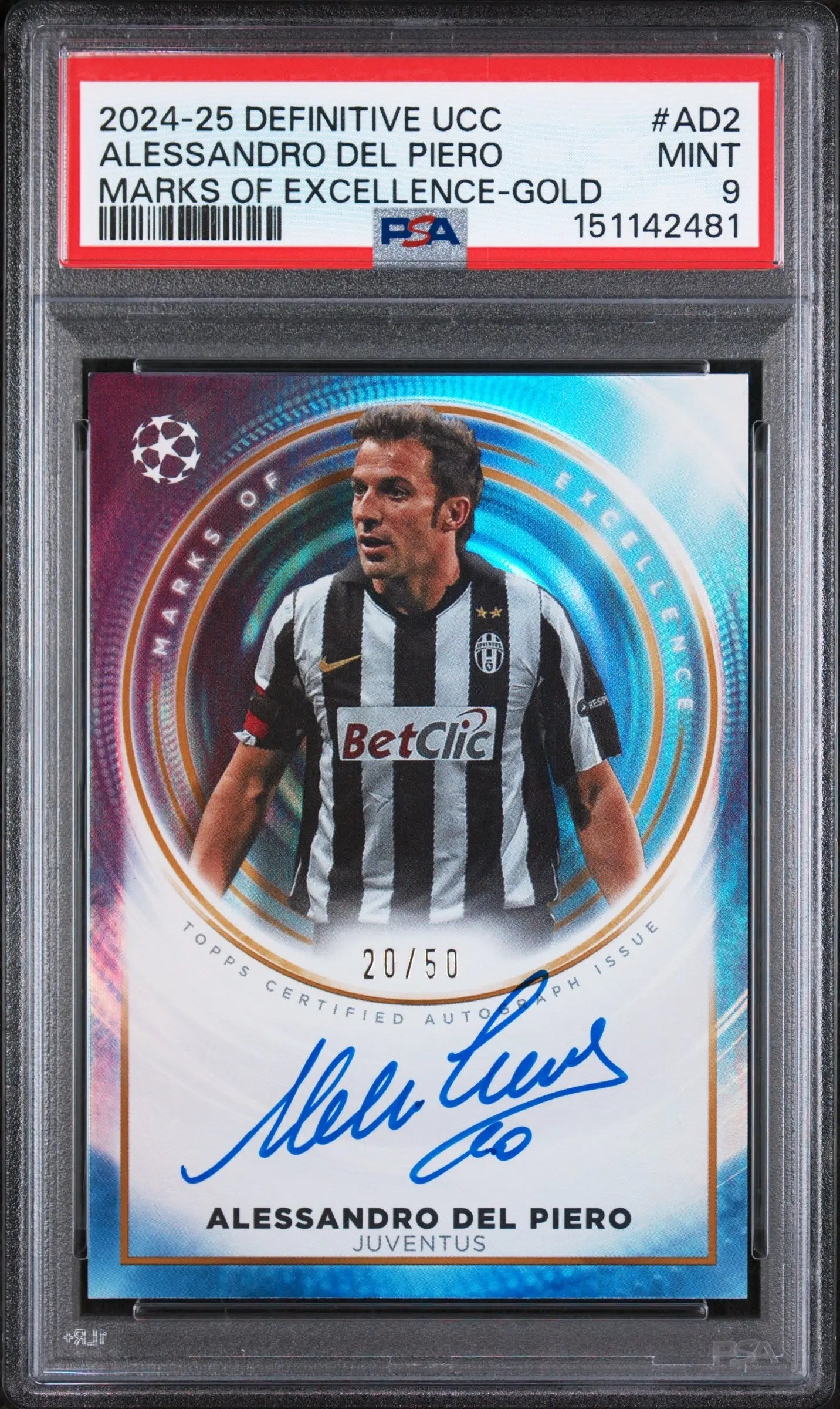 2024 Topps Definitive UCC Marks Of Excellence A. Del Piero Auto Gold /50 PSA 9 