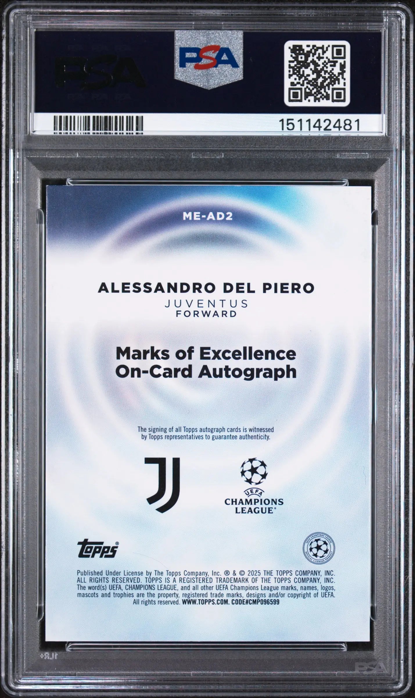 2024 Topps Definitive UCC Marks Of Excellence A. Del Piero Auto Gold /50 PSA 9 