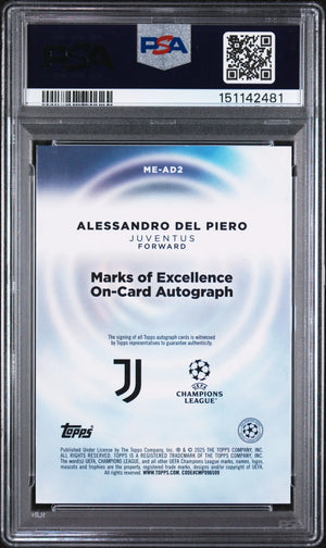 2024 Topps Definitive UCC Marks Of Excellence A. Del Piero Auto Gold /50 PSA 9 