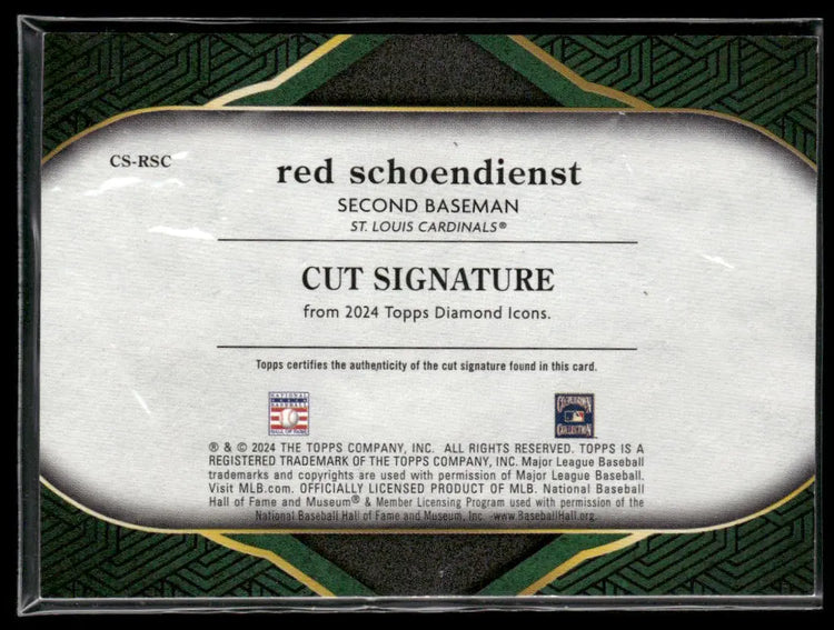 2024 Topps Diamond Icons Green Cut Signature Auto Red Schoendienst /3 