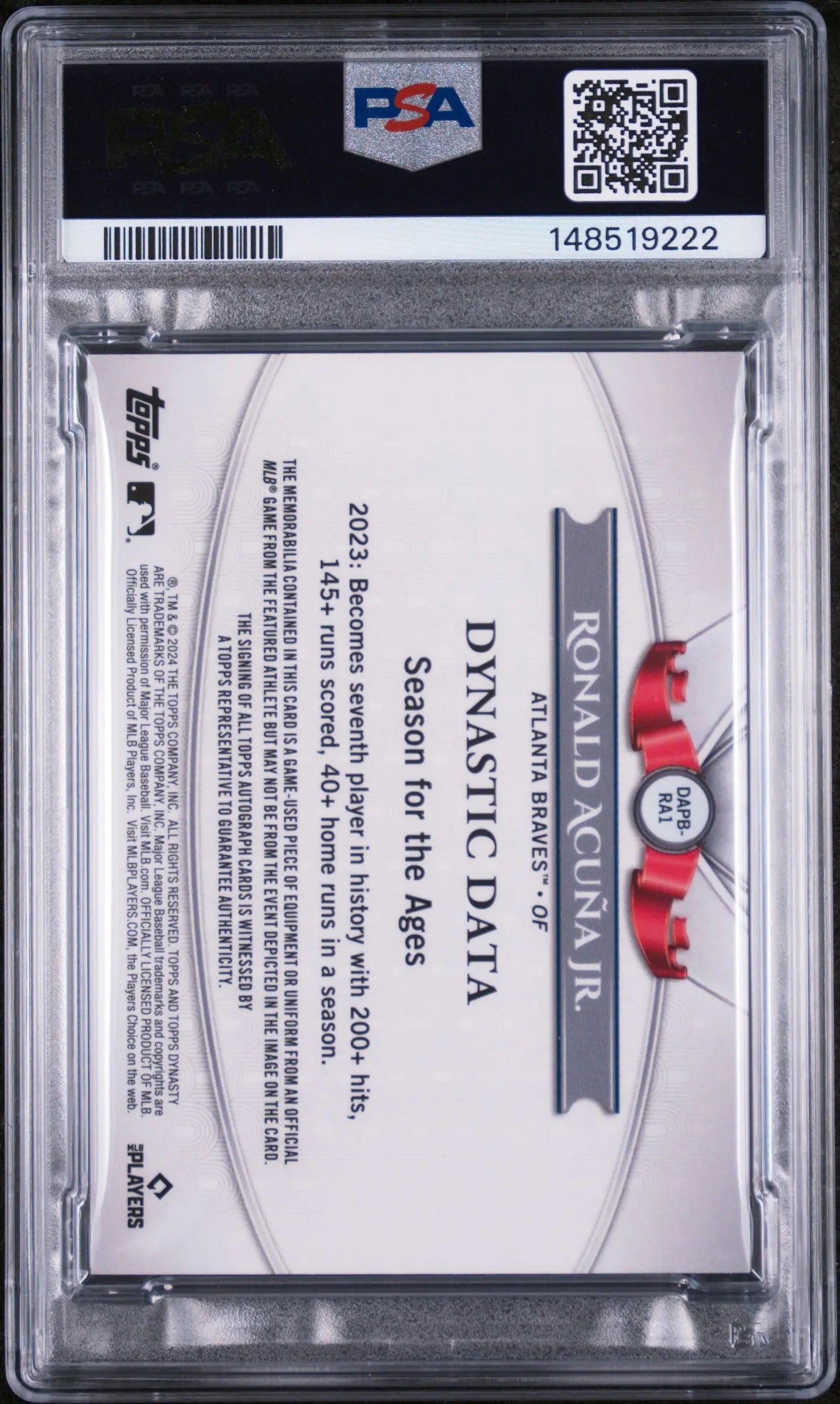 2024 Topps Dynasty Autographed Patch Ronald Acuna JR.  Design B /10 PSA 9 