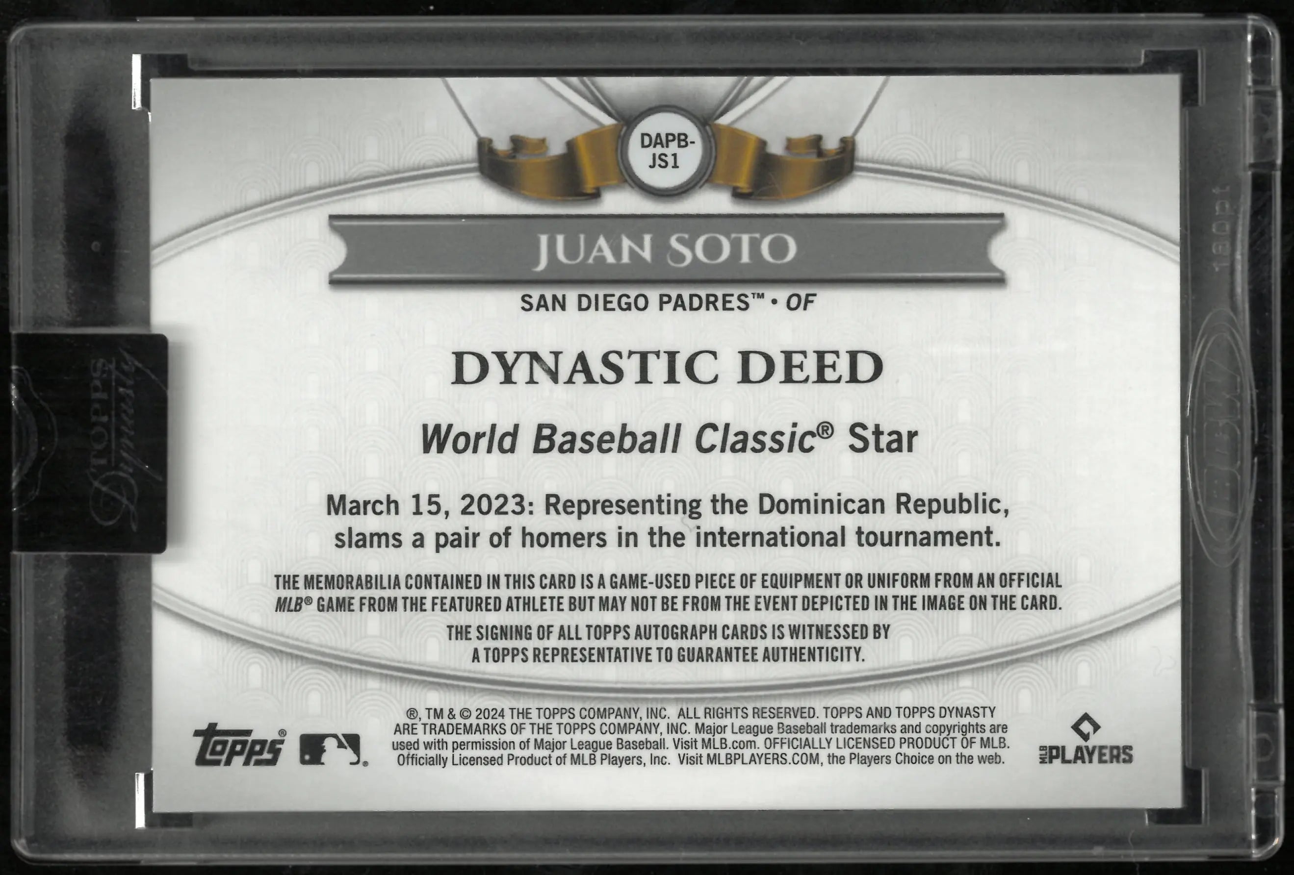 2024 Topps Dynasty Dynastic Deed Patch Auto Juan Soto /5 