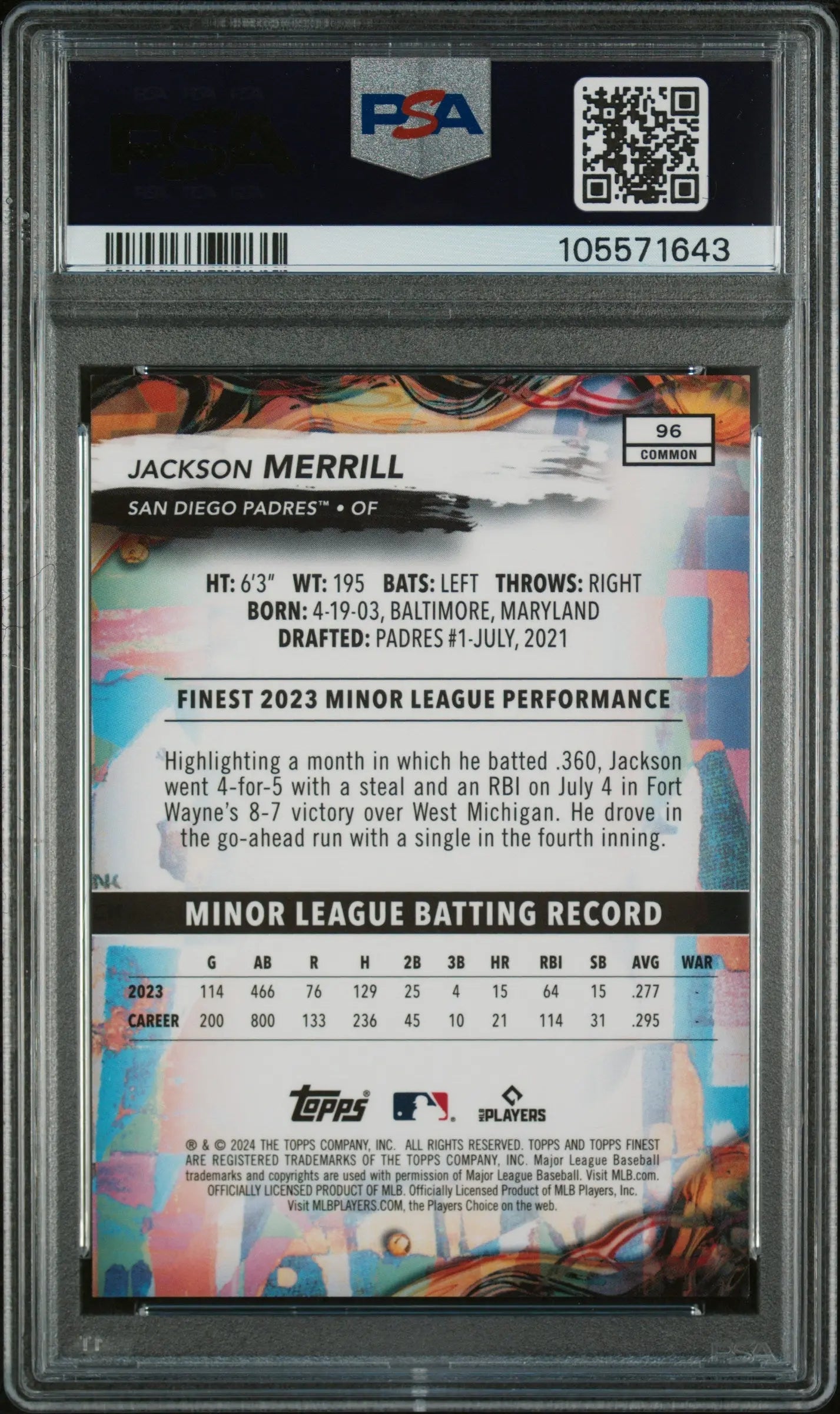 2024 Topps Finest Baseball Jackson Merrill RC Red Lava Refractor PSA 10 /10 