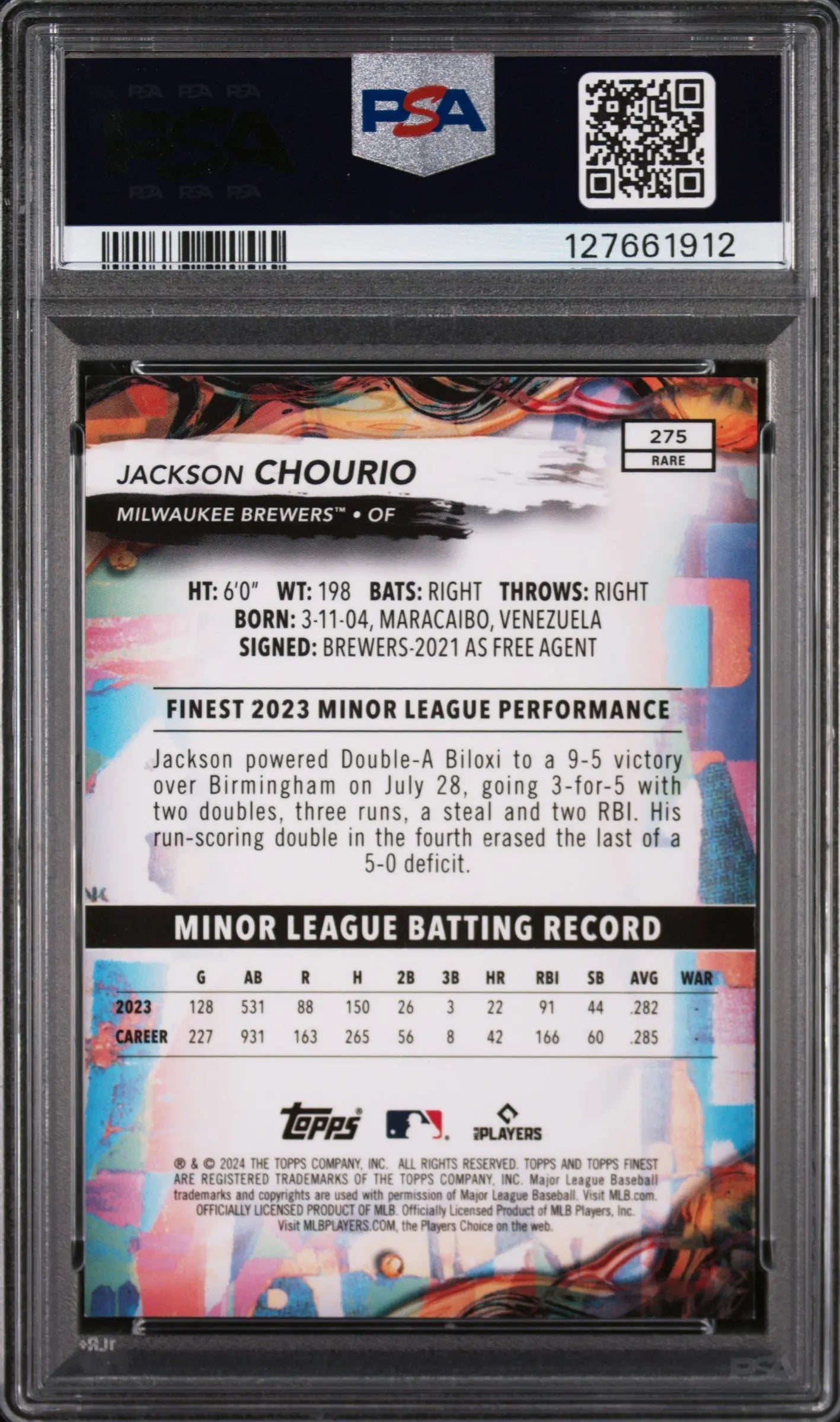 2024 Topps Finest Jackson Chourio #275 Purple Checkerboard Ref 74/75 PSA 9 