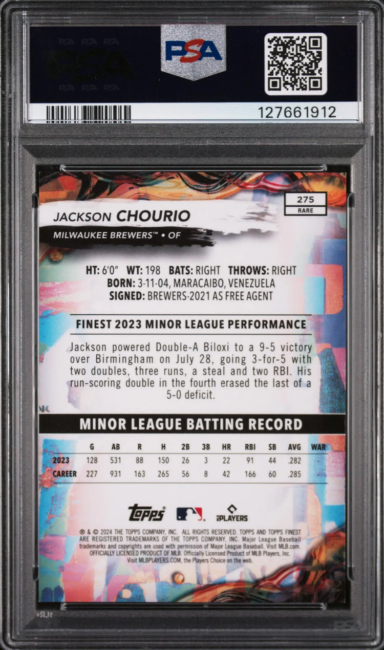 2024 Topps Finest Jackson Chourio #275 Purple Checkerboard Ref 74/75 PSA 9 