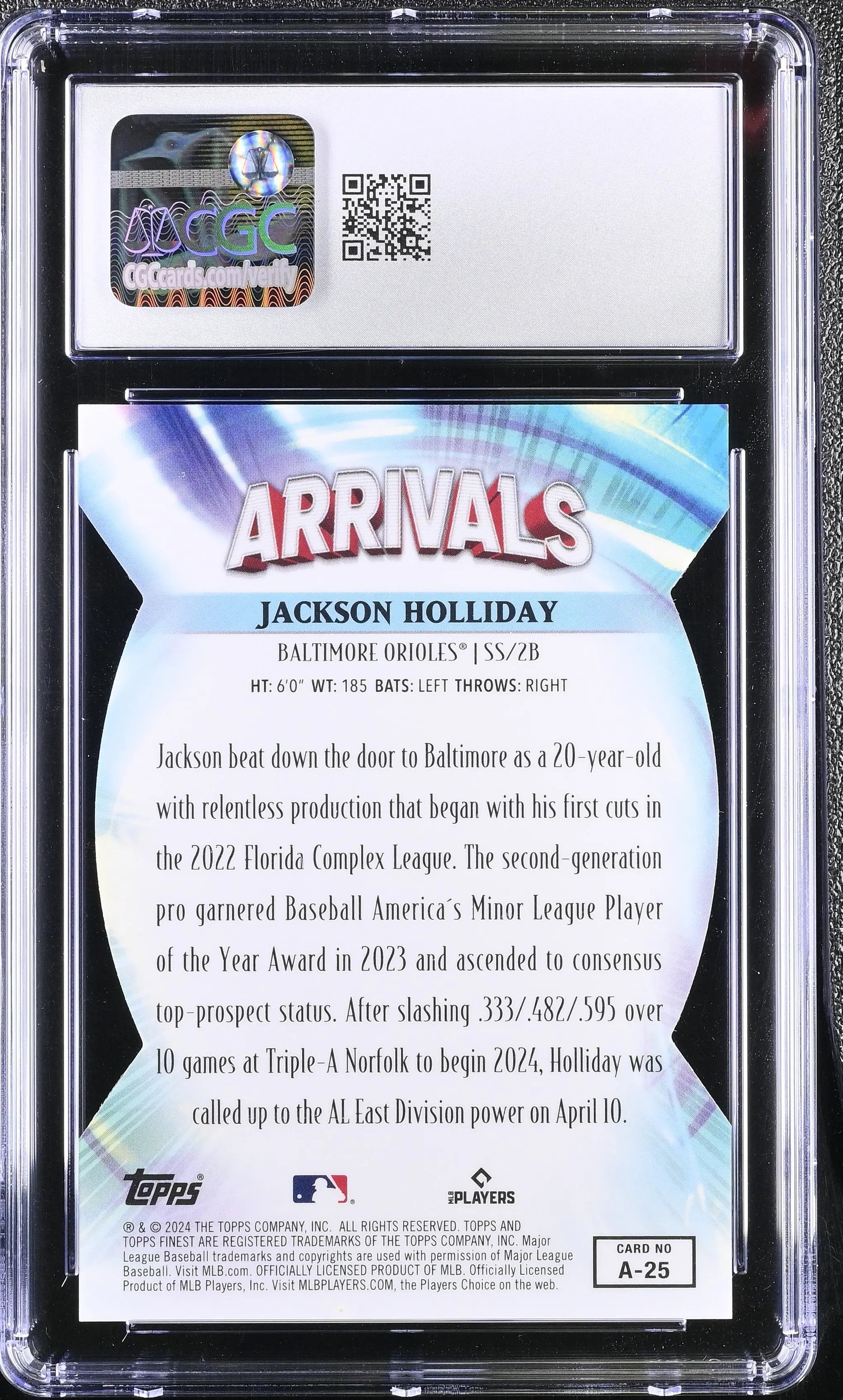 2024 Topps Finest Jackson Holliday RC Rookie Gold Refractor Arrivals CGC 10 