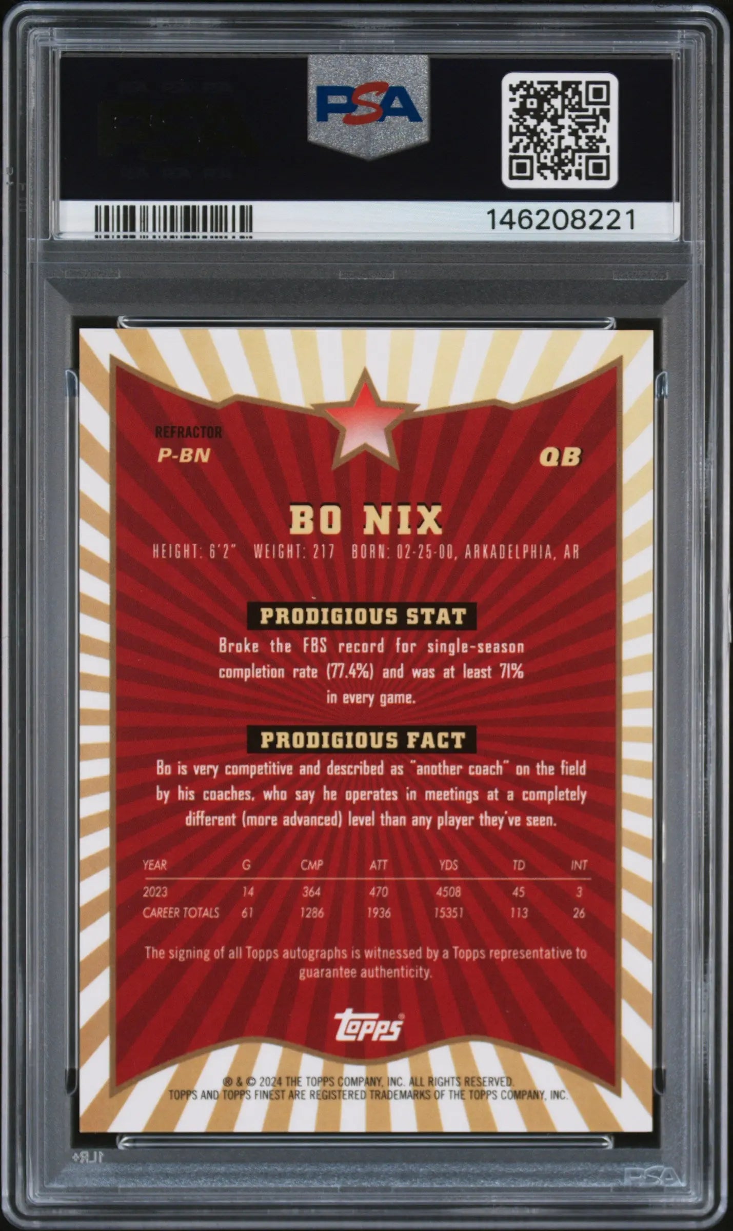 2024 Topps Finest Prodigies Autographs Bo Nix Auto Refractor RC PSA 9 Auto 10 