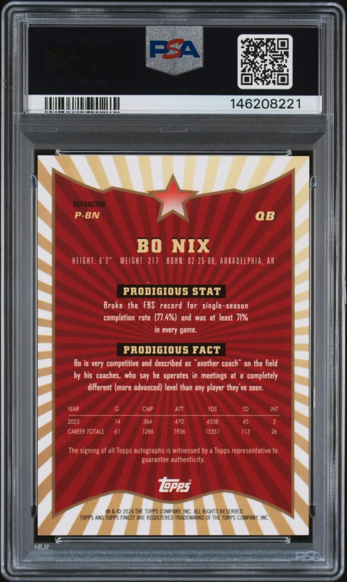 2024 Topps Finest Prodigies Autographs Bo Nix Auto Refractor RC PSA 9 Auto 10 