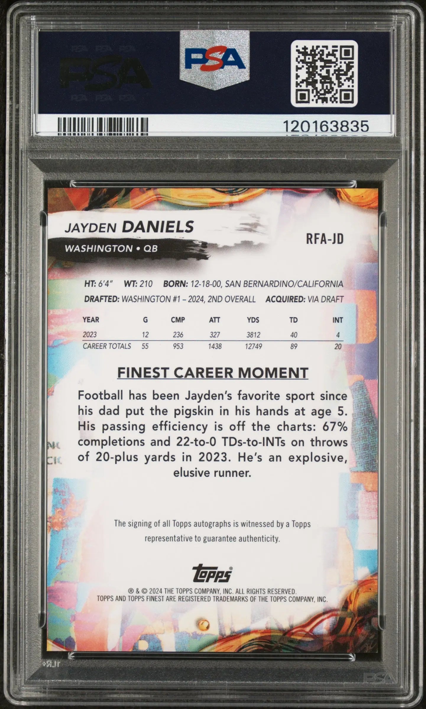 2024 Topps Finest Rookie RC Auto Autographs Jayden Daniels PSA 9 