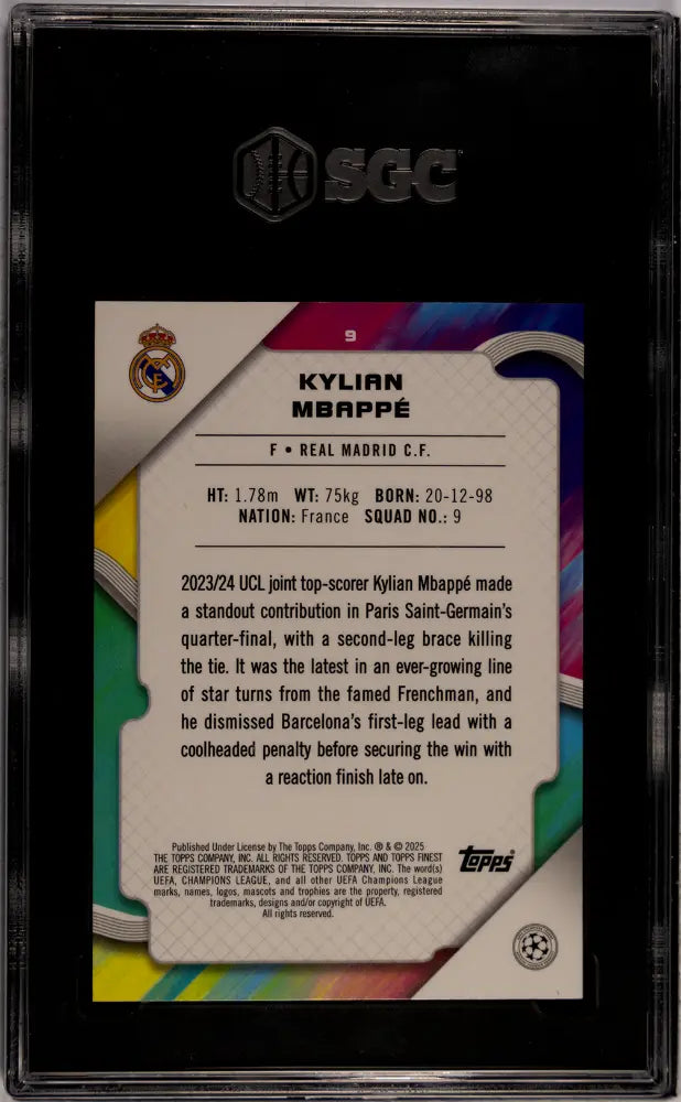 2024 Topps Finest UCC Kylian Mbappe  Purple Lava Refractor /199 SGC 9.5 