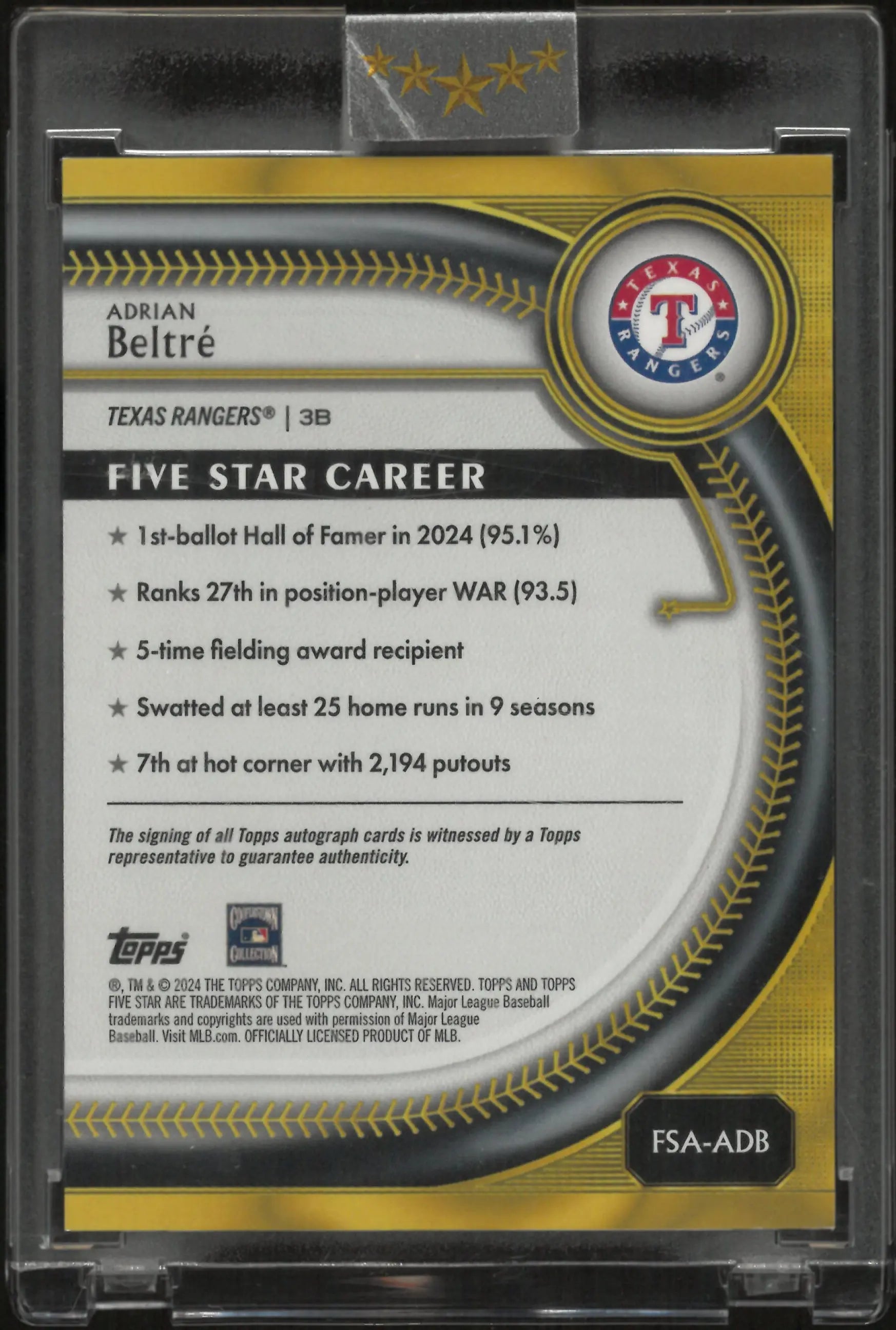 2024 Topps Five Star Autograph Adrian Beltre Auto Green /15 