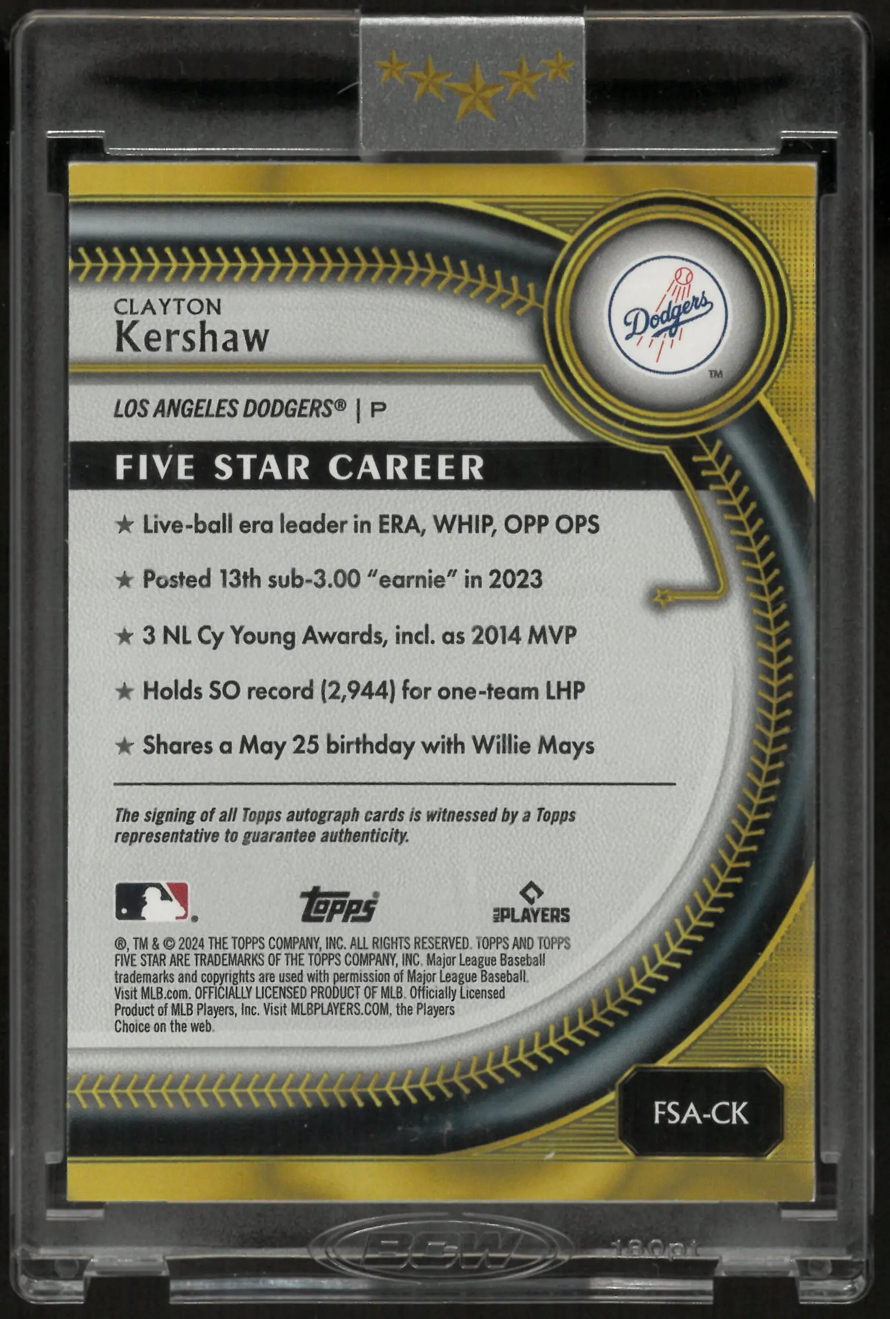 2024 Topps Five Star Autograph Clayton Kershaw Auto Black /25 