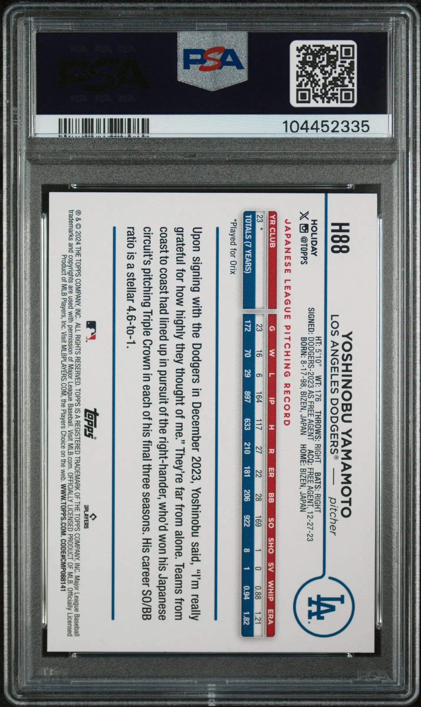 2024 Topps Holiday Yoshinobu Yamamoto RC Rookie Silver Glitter PSA 9 