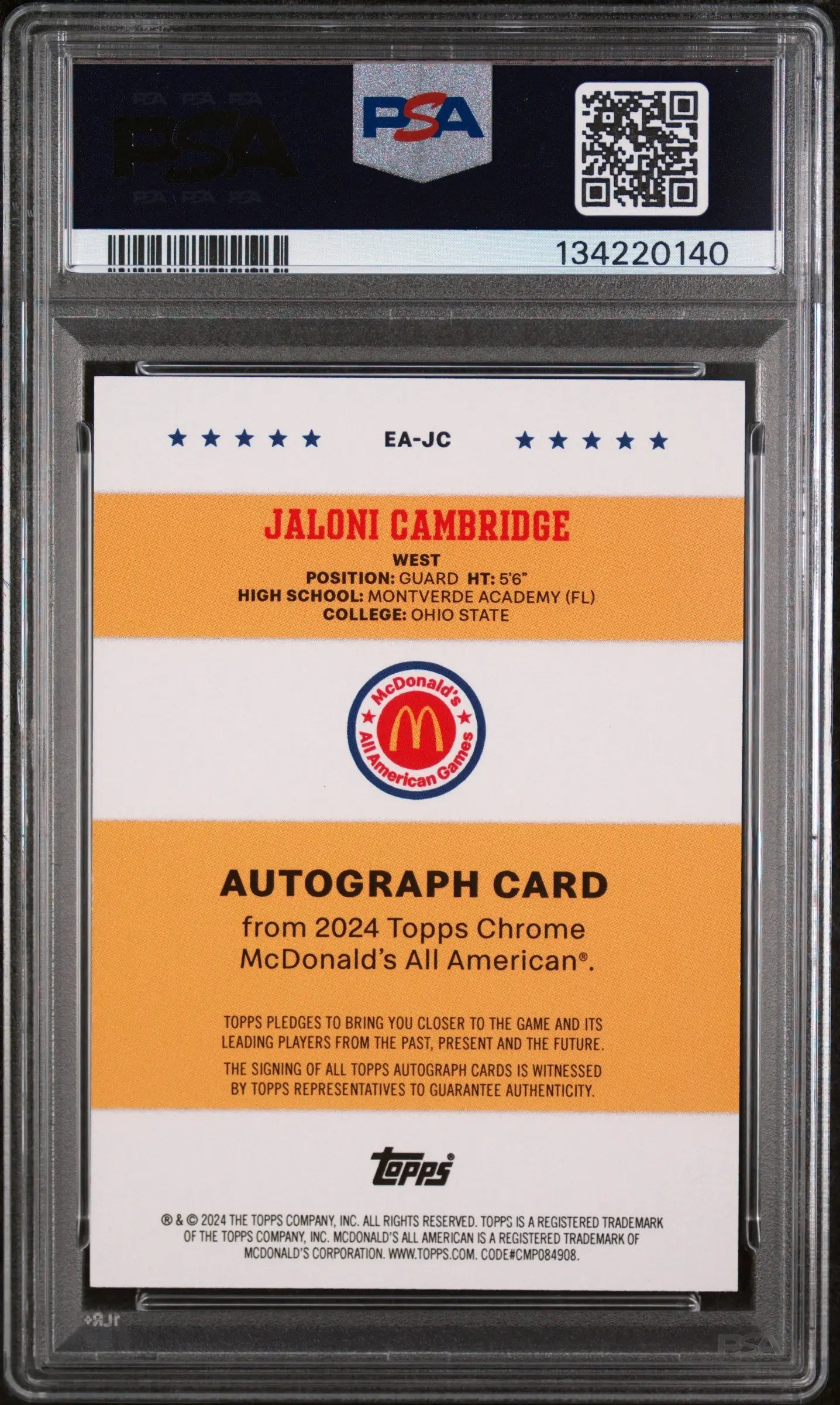 2024 Topps Mcdonald's All American Event Autographs Jaloni Cambridge Auto  PSA 9 