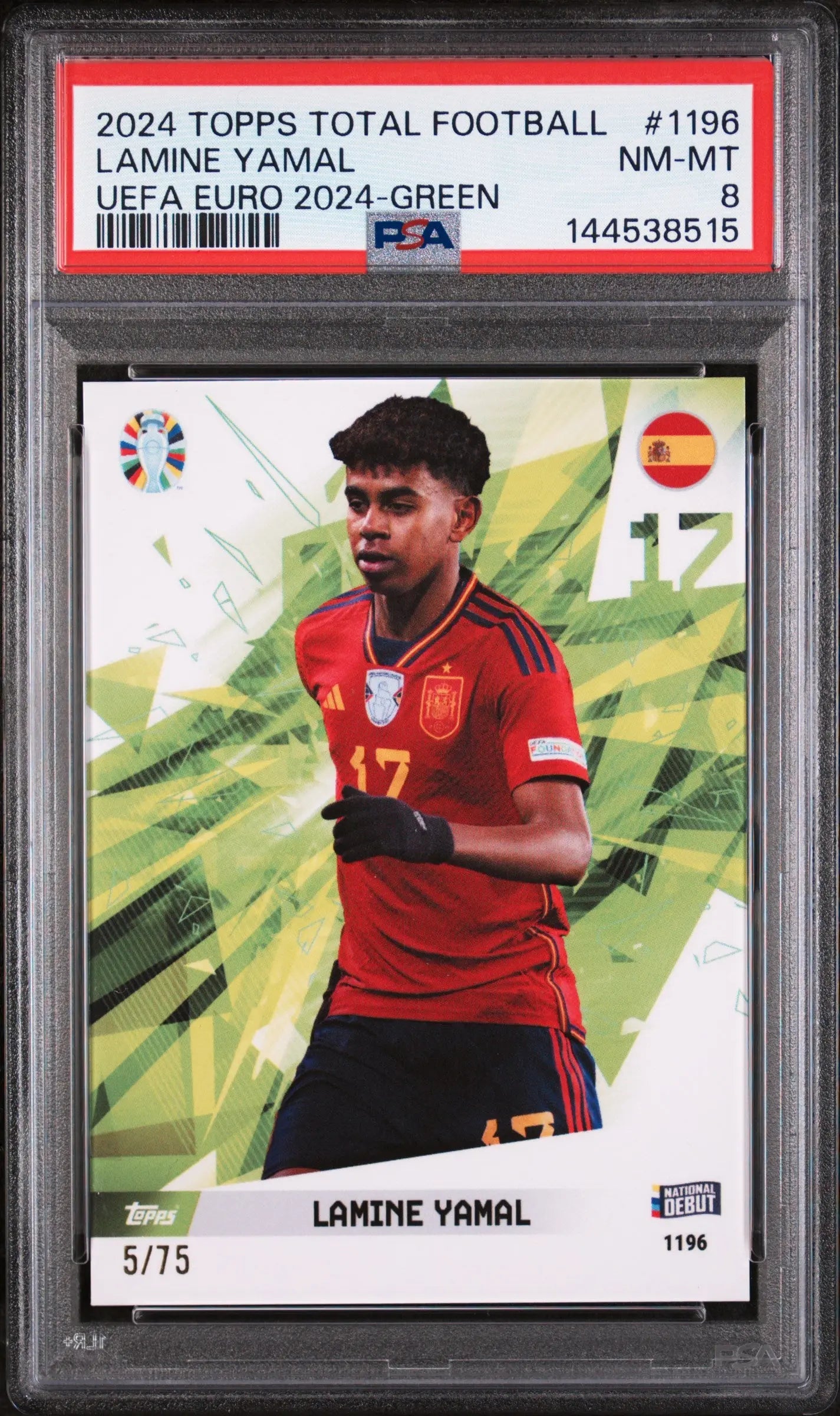 2024 Topps Total Football UEFA Euro Green Debut Lamine Yamal #1196 /75 PSA 8 