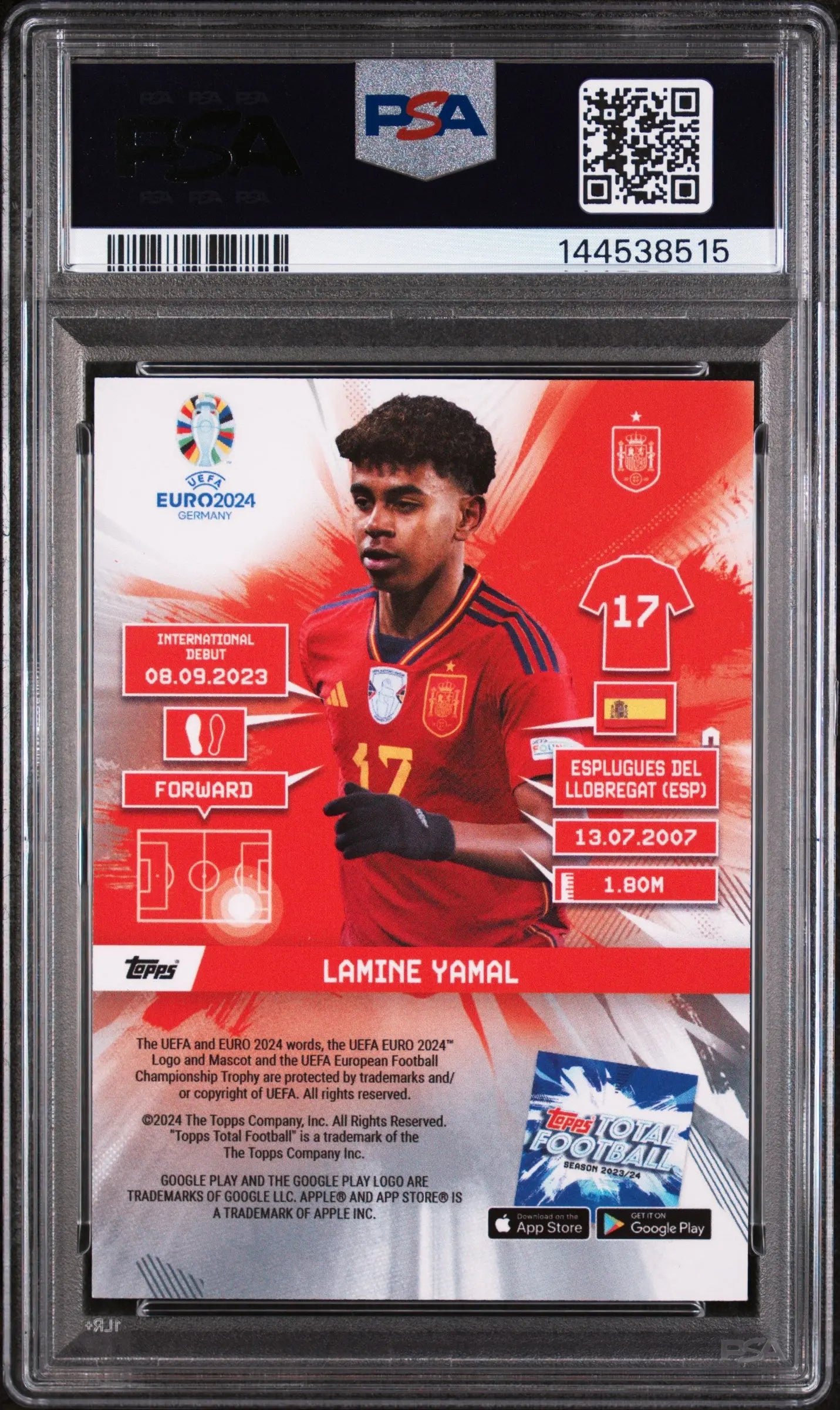 2024 Topps Total Football UEFA Euro Green Debut Lamine Yamal #1196 /75 PSA 8 