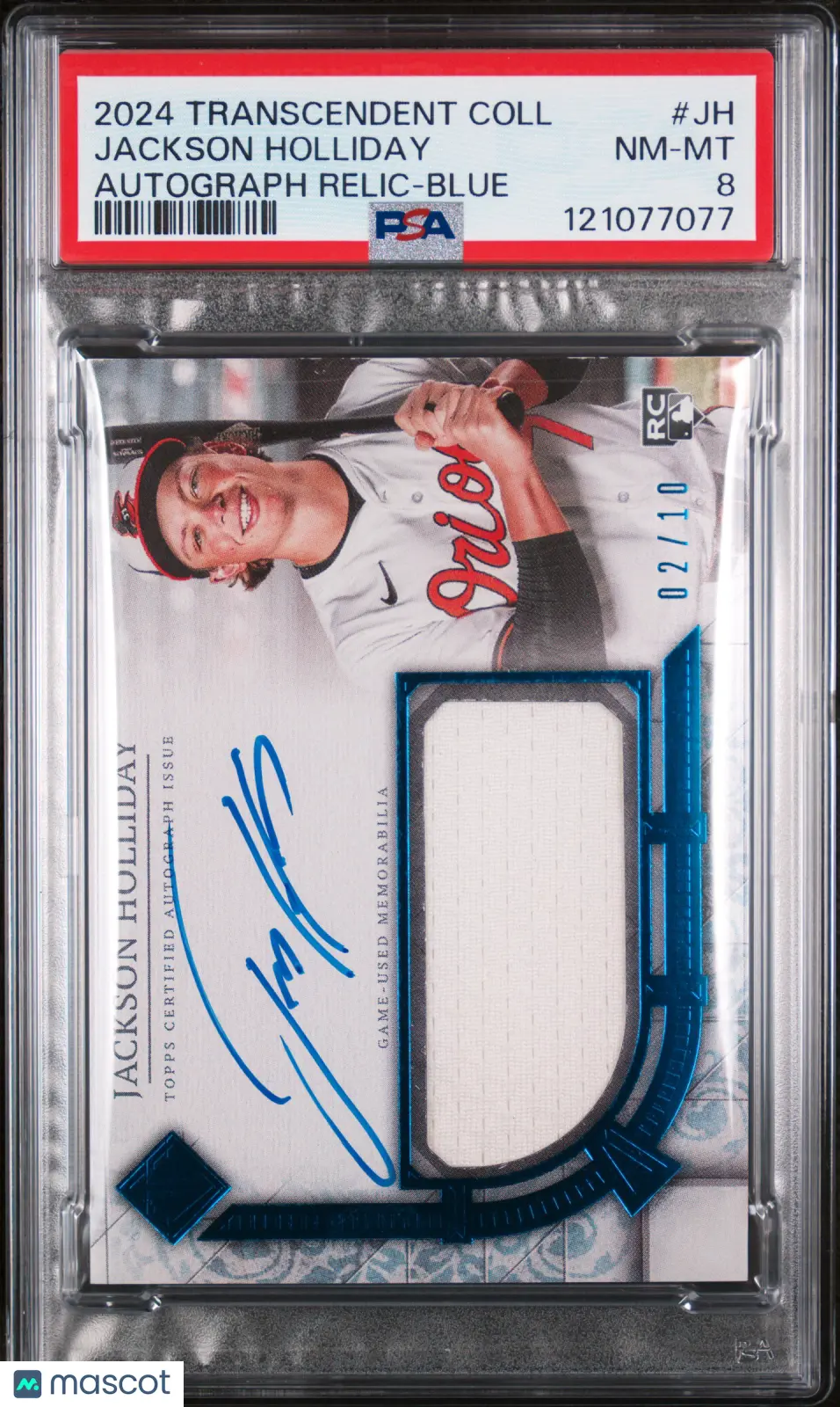 2024 Topps Transcendent Patch Autograph Jackson Holliday RC Blue /10 PSA 8 