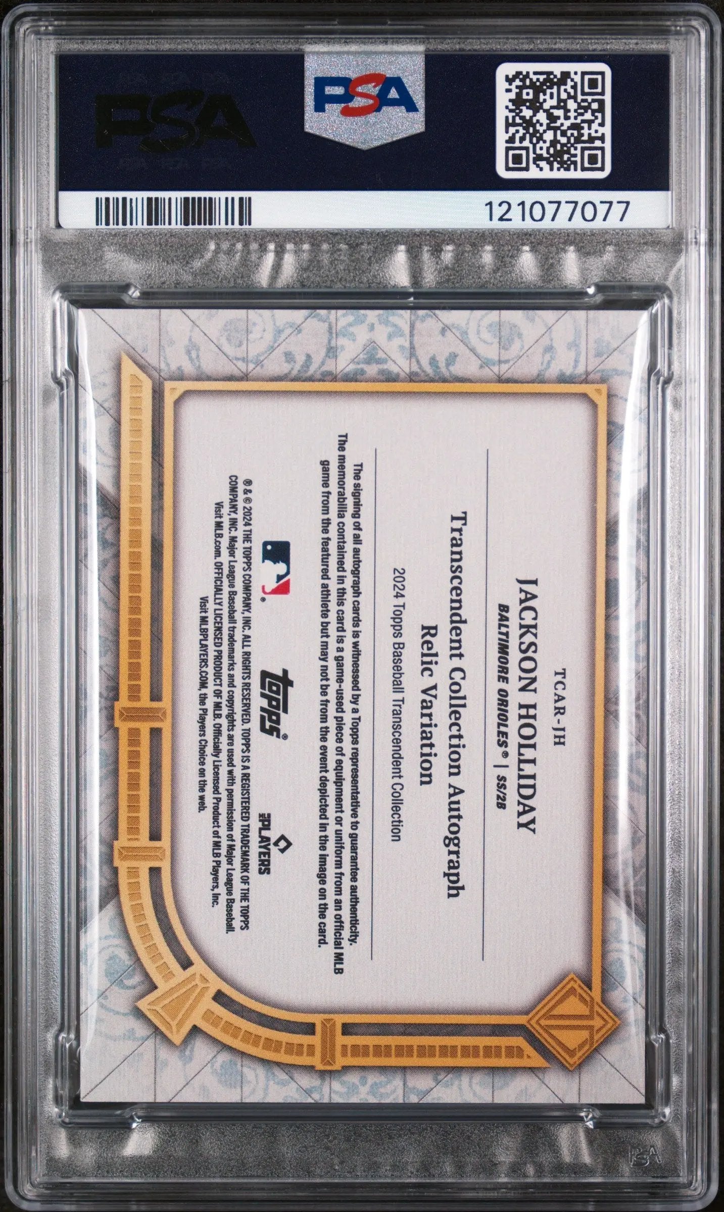 2024 Topps Transcendent Patch Autograph Jackson Holliday RC Blue /10 PSA 8 