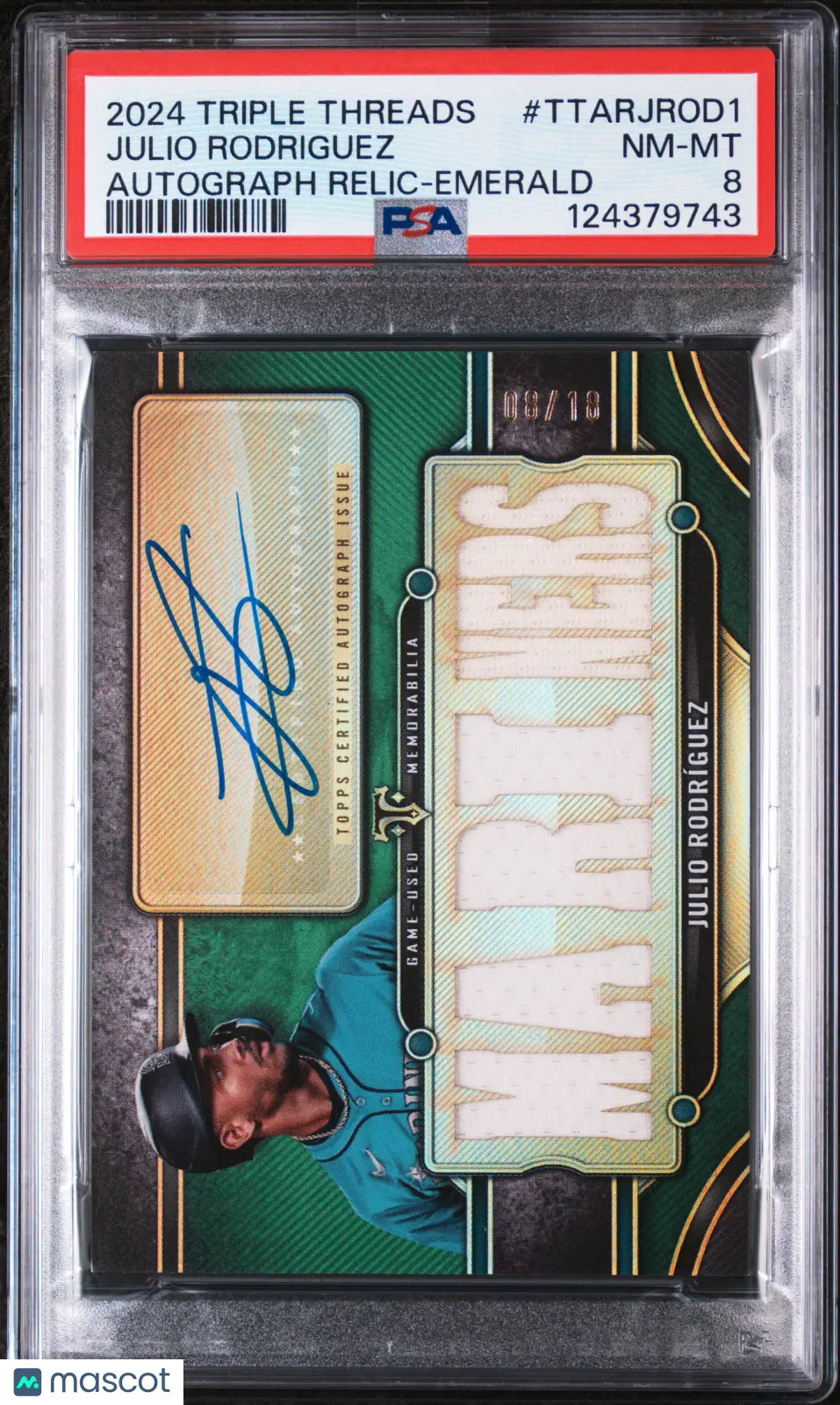 2024 Topps Triple Threads Auto Relics Julio Rodriguez Emerald /18 PSA 8 
