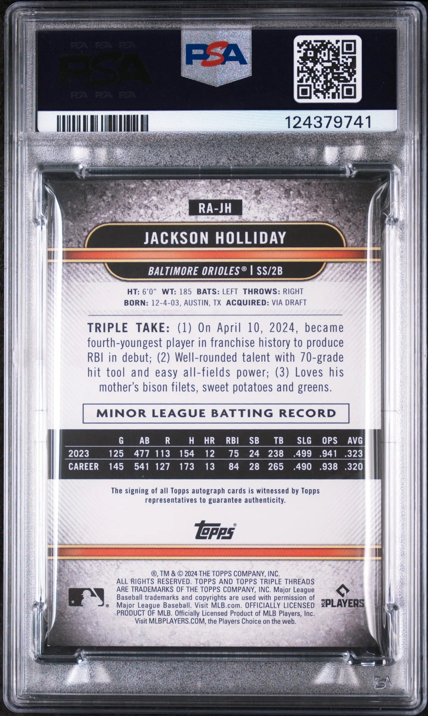 2024 Topps Triple Threads Rookie RC Auto Jackson Holliday Amethyst /75 PSA 8 
