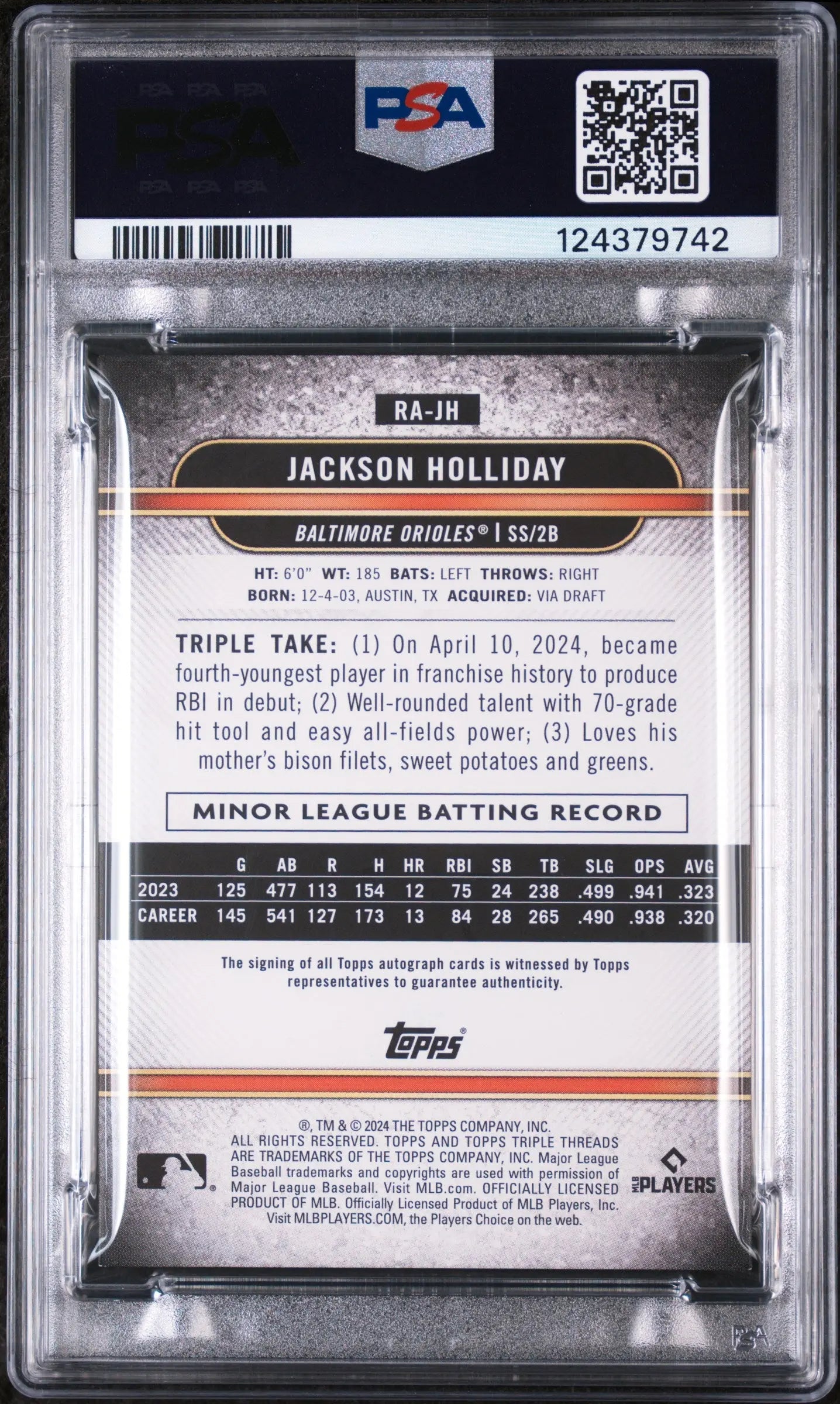 2024 Topps Triple Threads Rookie RC Auto Jackson Holliday Amethyst /75 PSA 8 