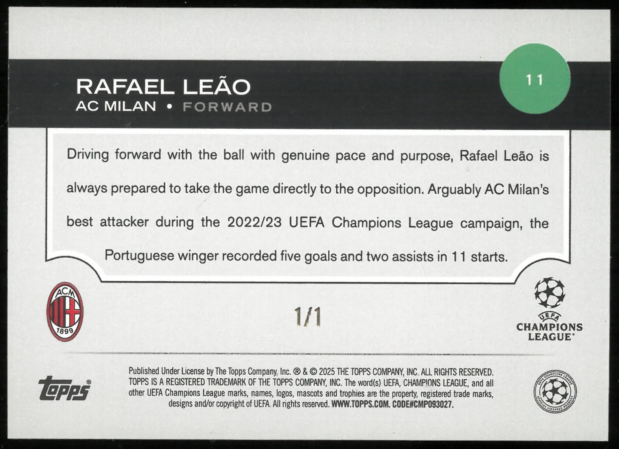 2024 Topps UEFA CC Red Inferno Rafael Leao 1/1 