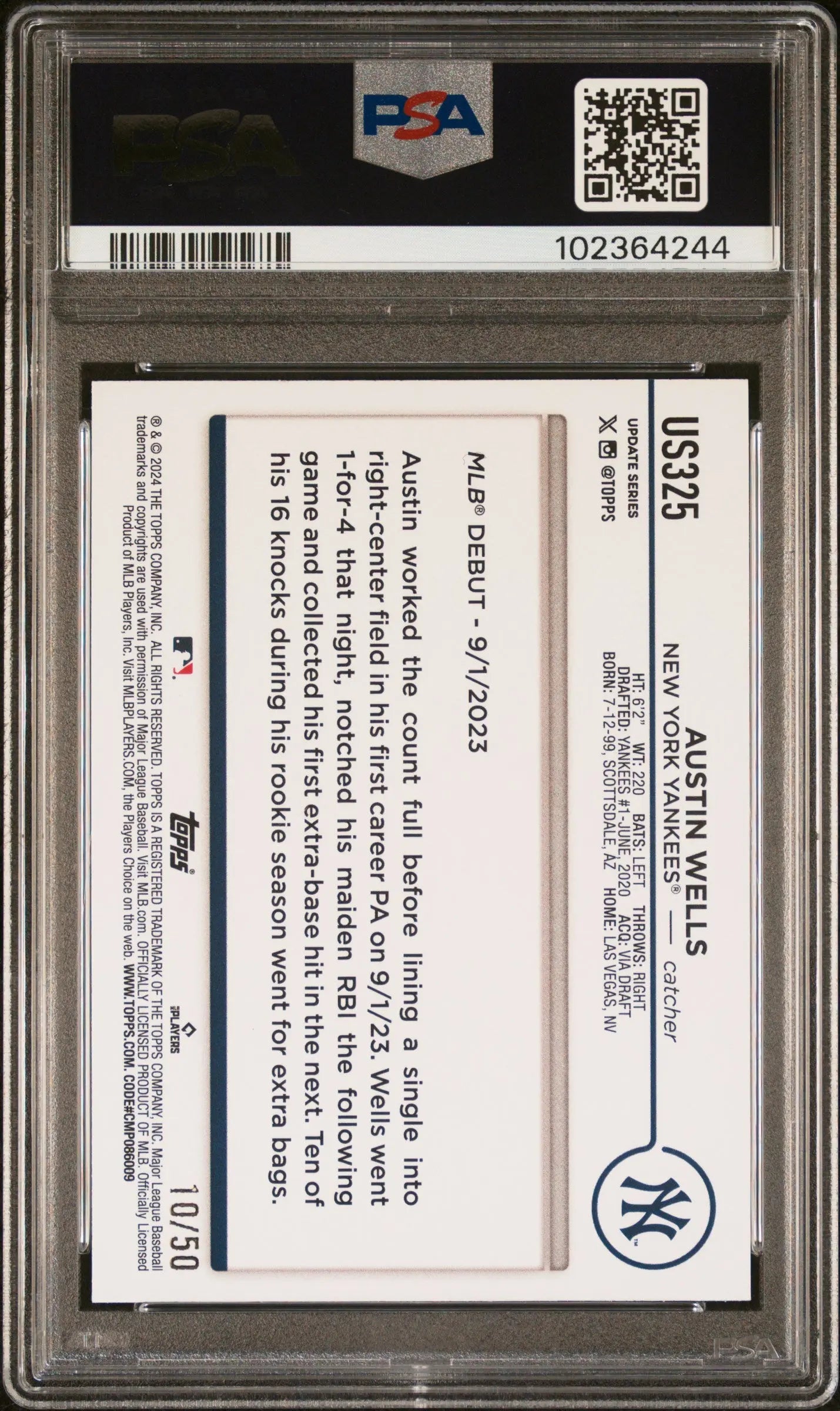 2024 Topps Update Baseball Austin Wells RC Yellow Crackle Foil Board PSA 10 /50 