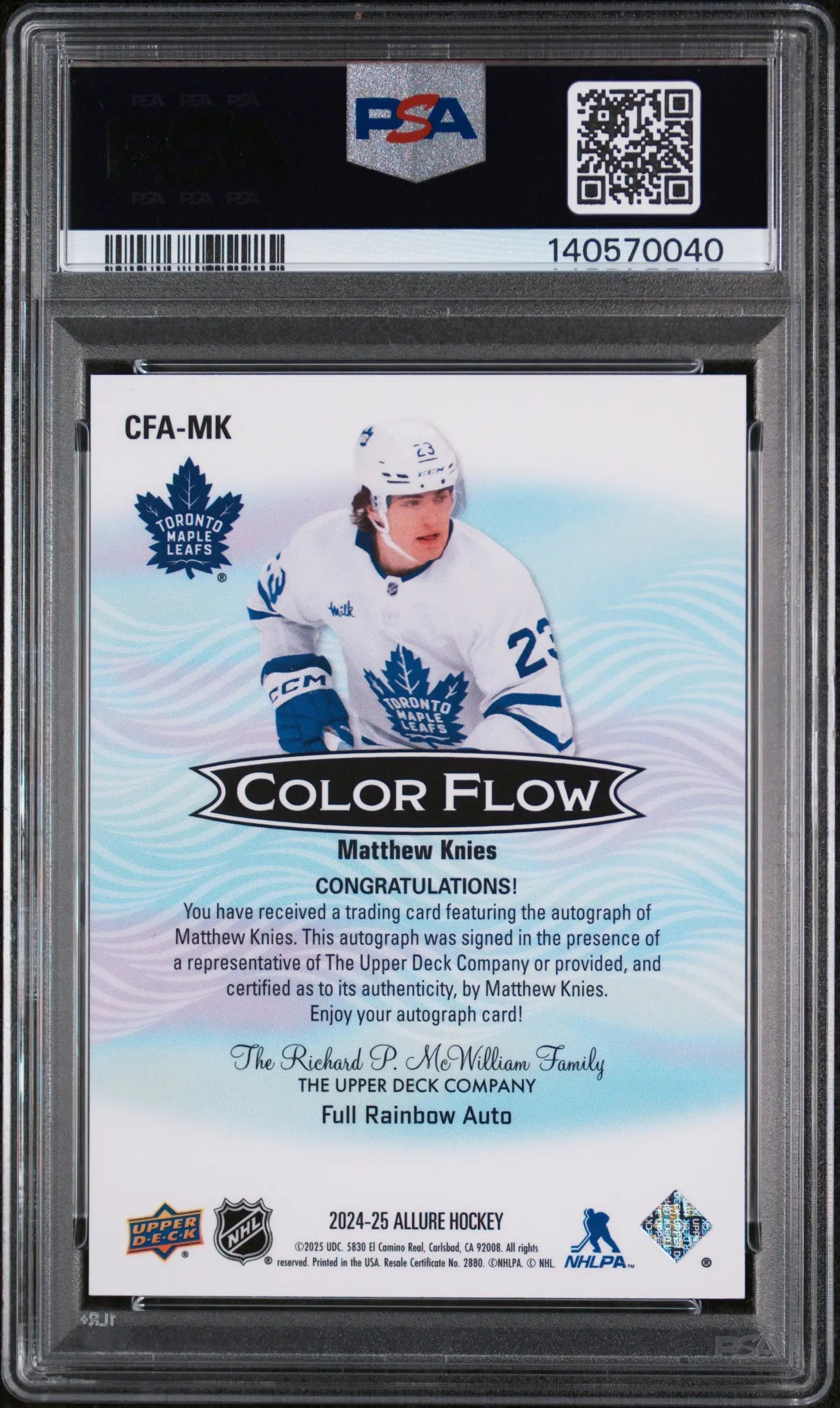 2024 UD Allure Color Flow Full Rainbow Autograph Matthew Knies Auto PSA 9 