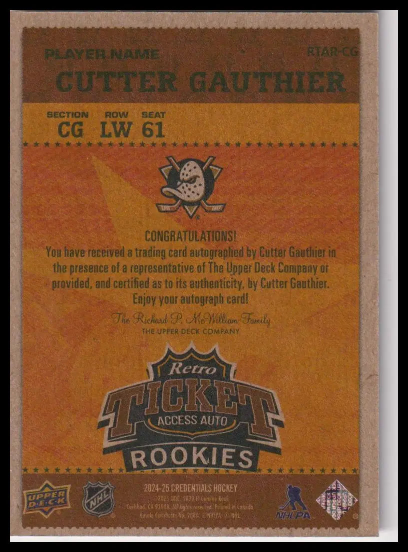 2024 UD Credentials Autograph Rookie Cutter Gauthier Auto Retro Ticket Access RC 