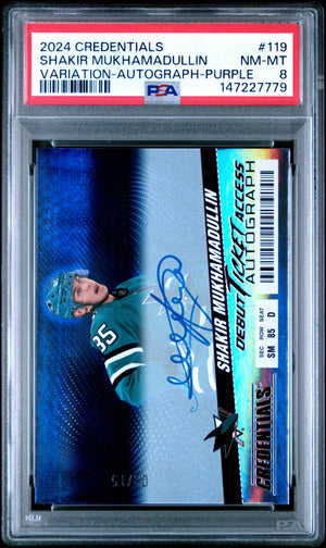 2024 UD Credentials Shakir Mukhamadullin Variation Autograph Purple /15 PSA 8 